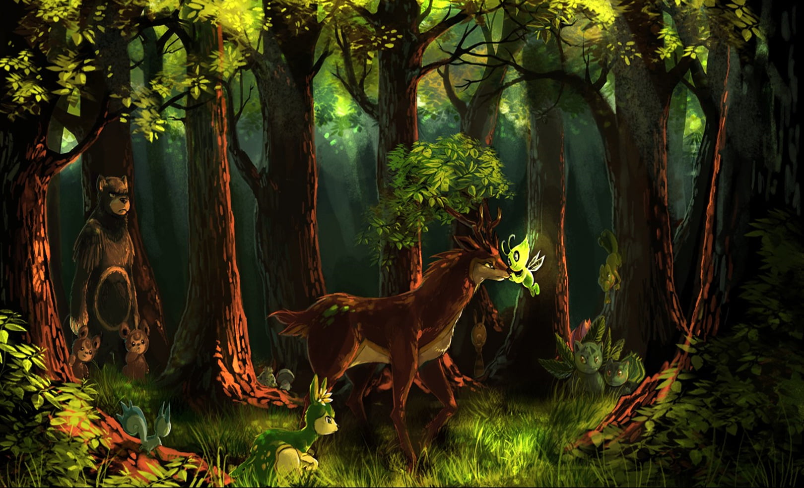 land, Treecko (Pokémon), sunlight, tranquility, tranquil scene, Celebi (Pokémon), Ivysaur (Pokémon), Pachirisu (Pokémon), outdoors, Ursaring (Pokémon), HD Wallpaper