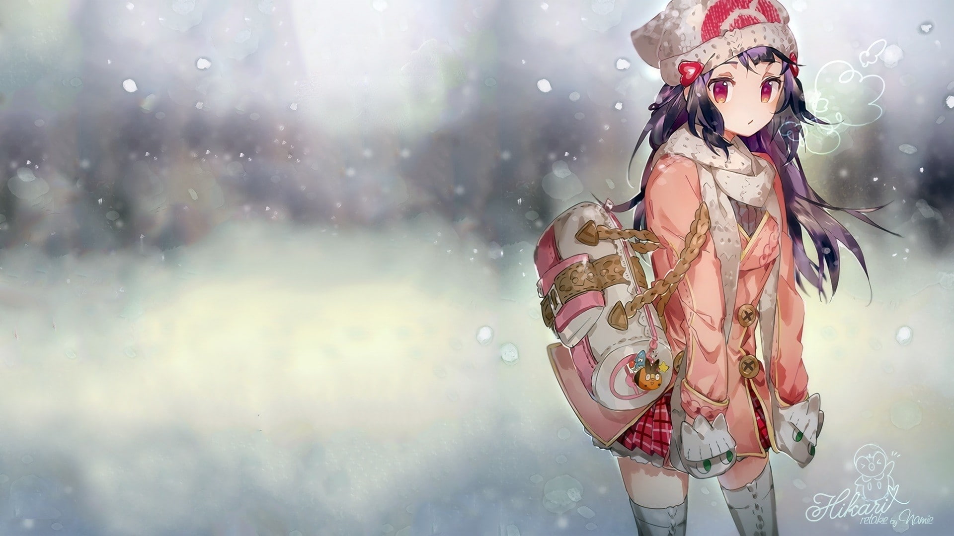 anime girls, Pokémon, red eyes, 1080P, long hair, purple hair, Hikari (pokemon), thigh-highs, anime, HD Wallpaper