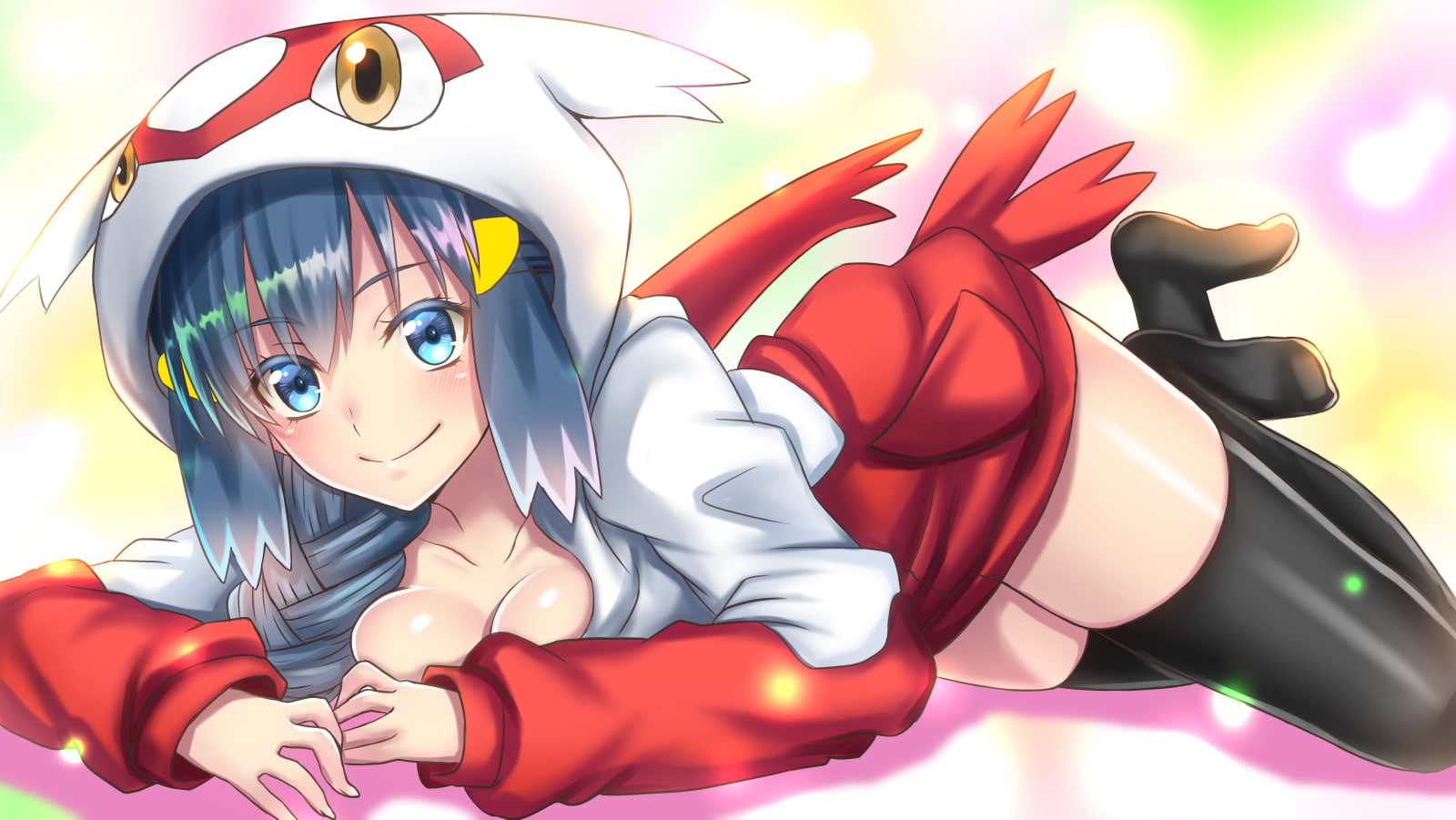 com, long, 254589, thighhighs, zettai, blue, hair, cleavage, eyes, hikari, 720P, pokemon, takecha, konachan, breasts, (pokemon), hoodie, ryouiki, latias, HD Wallpaper