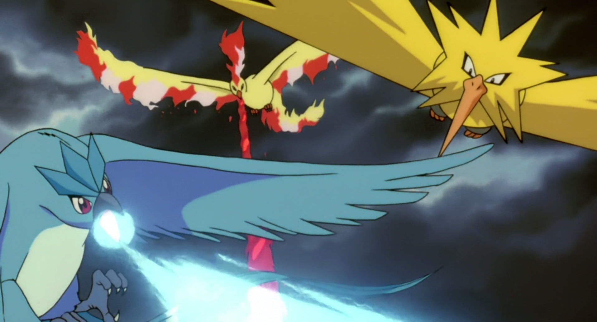 yellow, creativity, Articuno (Pokémon), multi colored, shape, cloud - sky, flying, Movie, Pokémon: The Movie 2000, day, Zapdos (Pokémon), flag, wind, outdoors, HD Wallpaper