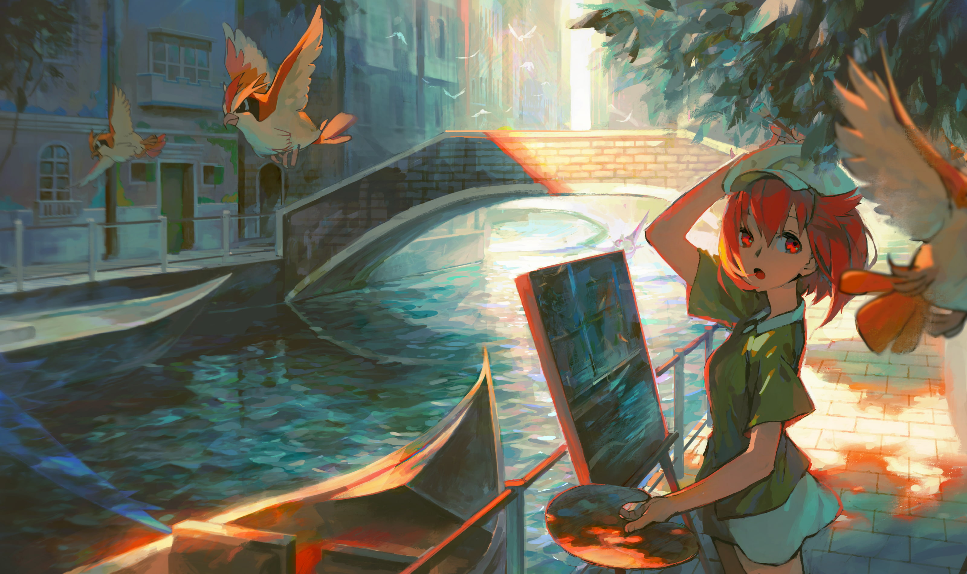 anime girls, urban, birds, 2K, red eyes, Pokémon, anime, HD Wallpaper