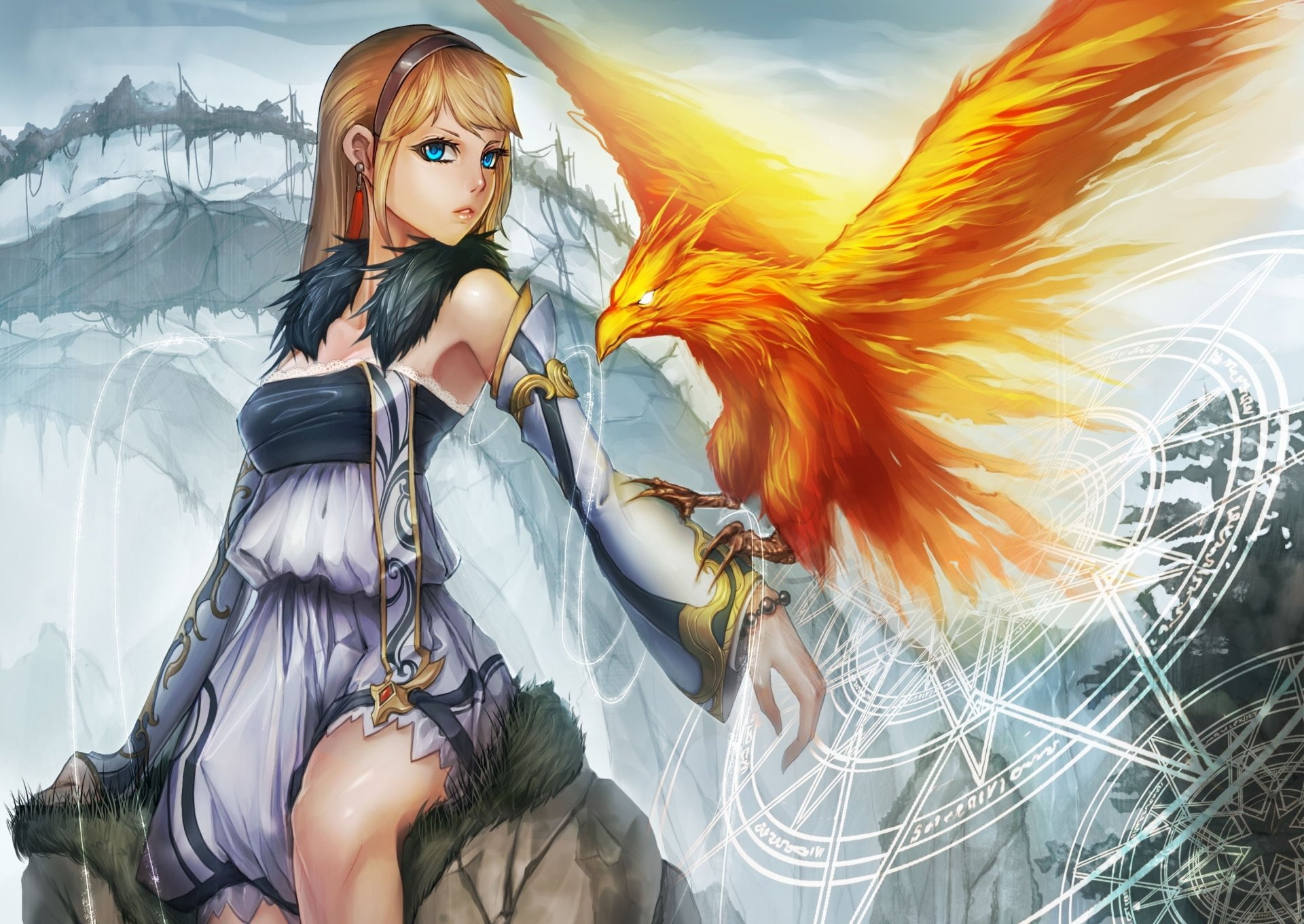 1080P, Phoenix, Blue Eyes, Woman, Girl, Fantasy, Bird, Blonde, Women, HD Wallpaper
