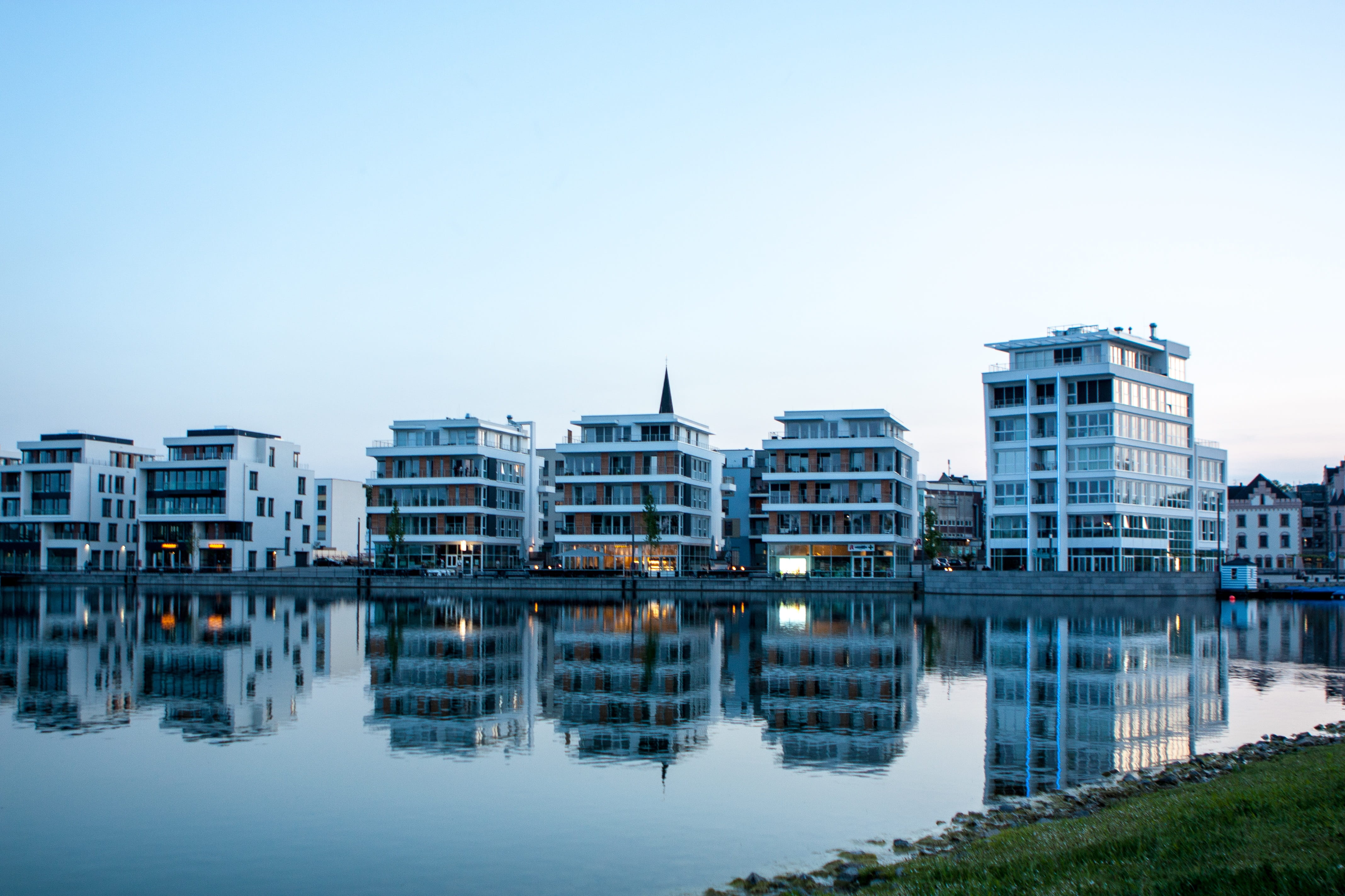 copy space, water, lights, phoenix lake, blue hour, architecture, building, reflection, 4K, dortmund, sky, built structure, no people, river, clear sky, HD Wallpaper