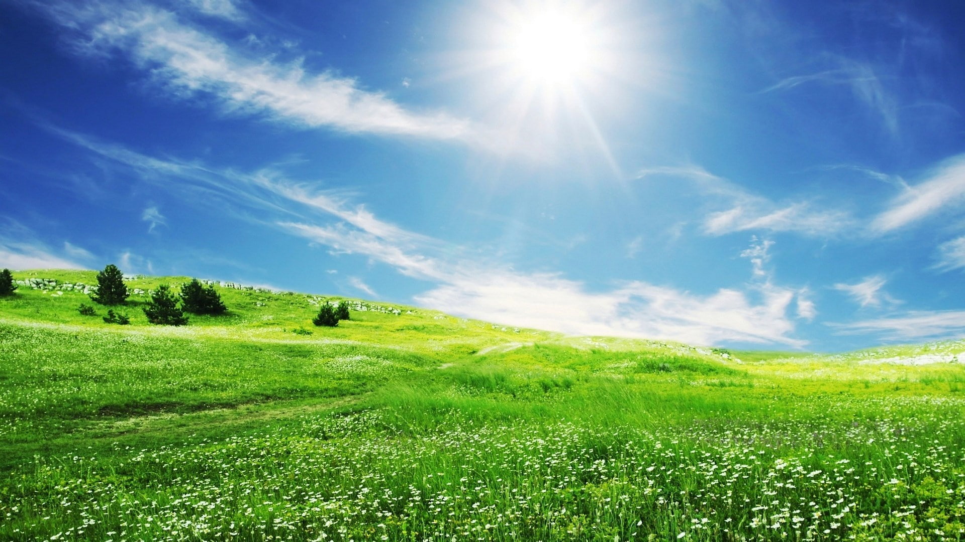 outdoors, landscape, non-urban scene, cloud - sky, green color, tranquil scene, sun, beauty in nature, land, sunbeam, lens flare, meadow, grass, no people, HD Wallpaper