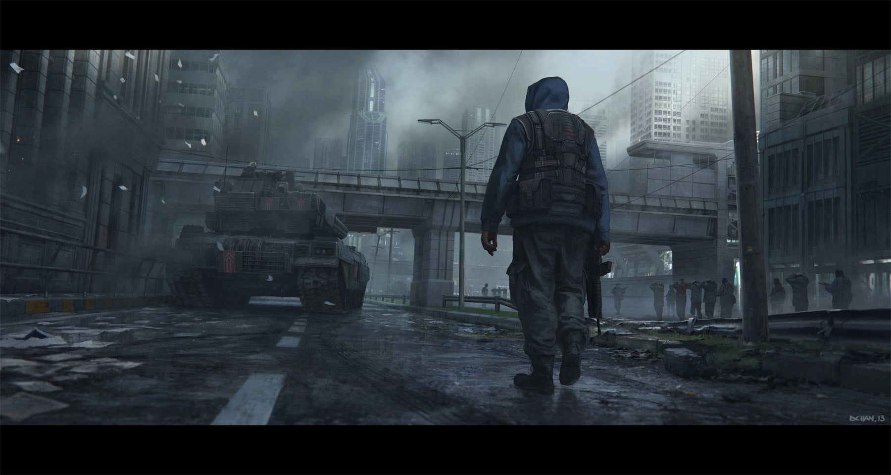 science fiction, pants, walking, tactical, real people, standing, motor vehicle, men, built structure, pollution, war, rain, s, martial law, rear view, HD Wallpaper