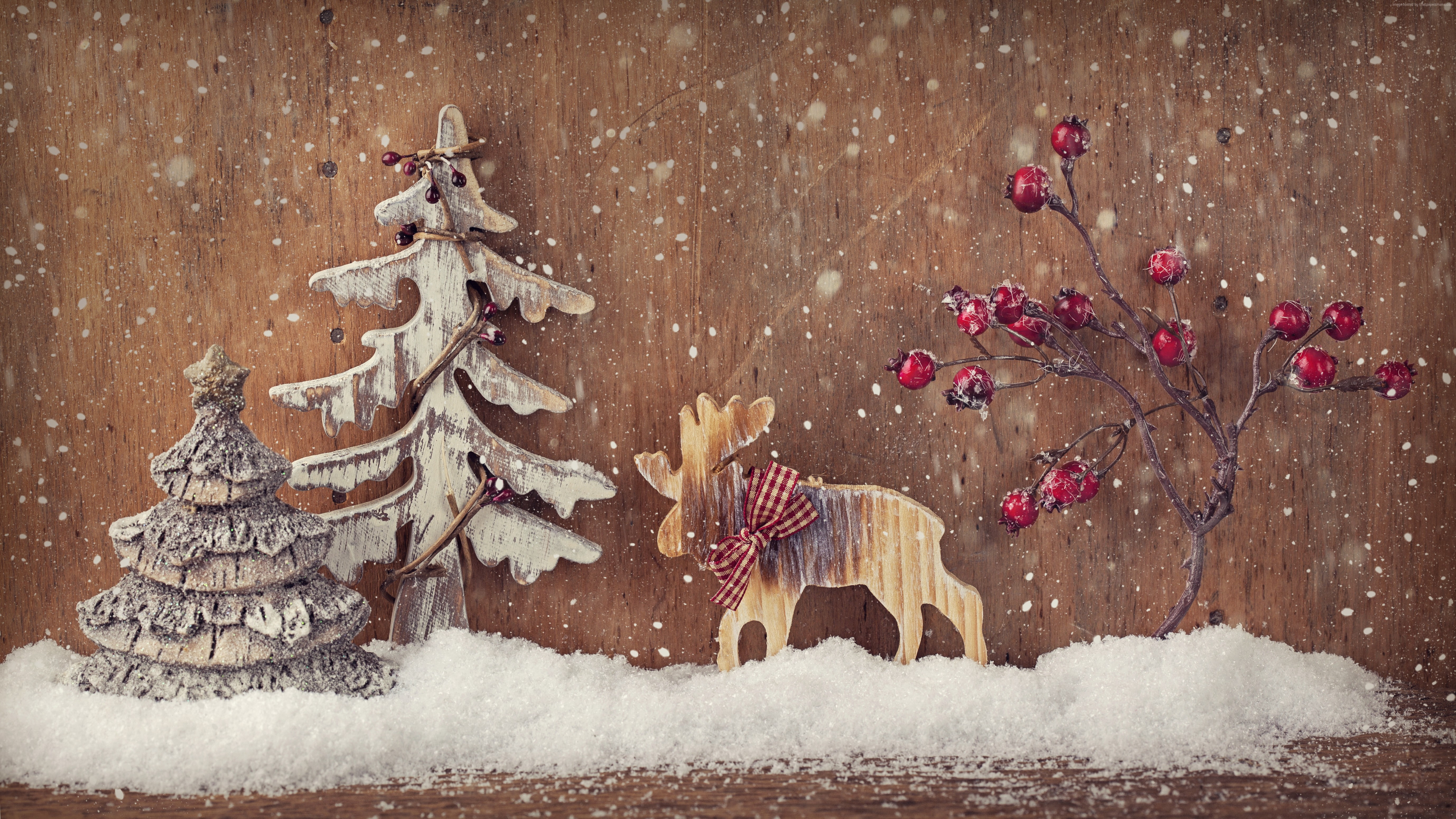 fir-tree, snow, deer, decorations, New Year, Christmas, Elk, 5K, HD Wallpaper