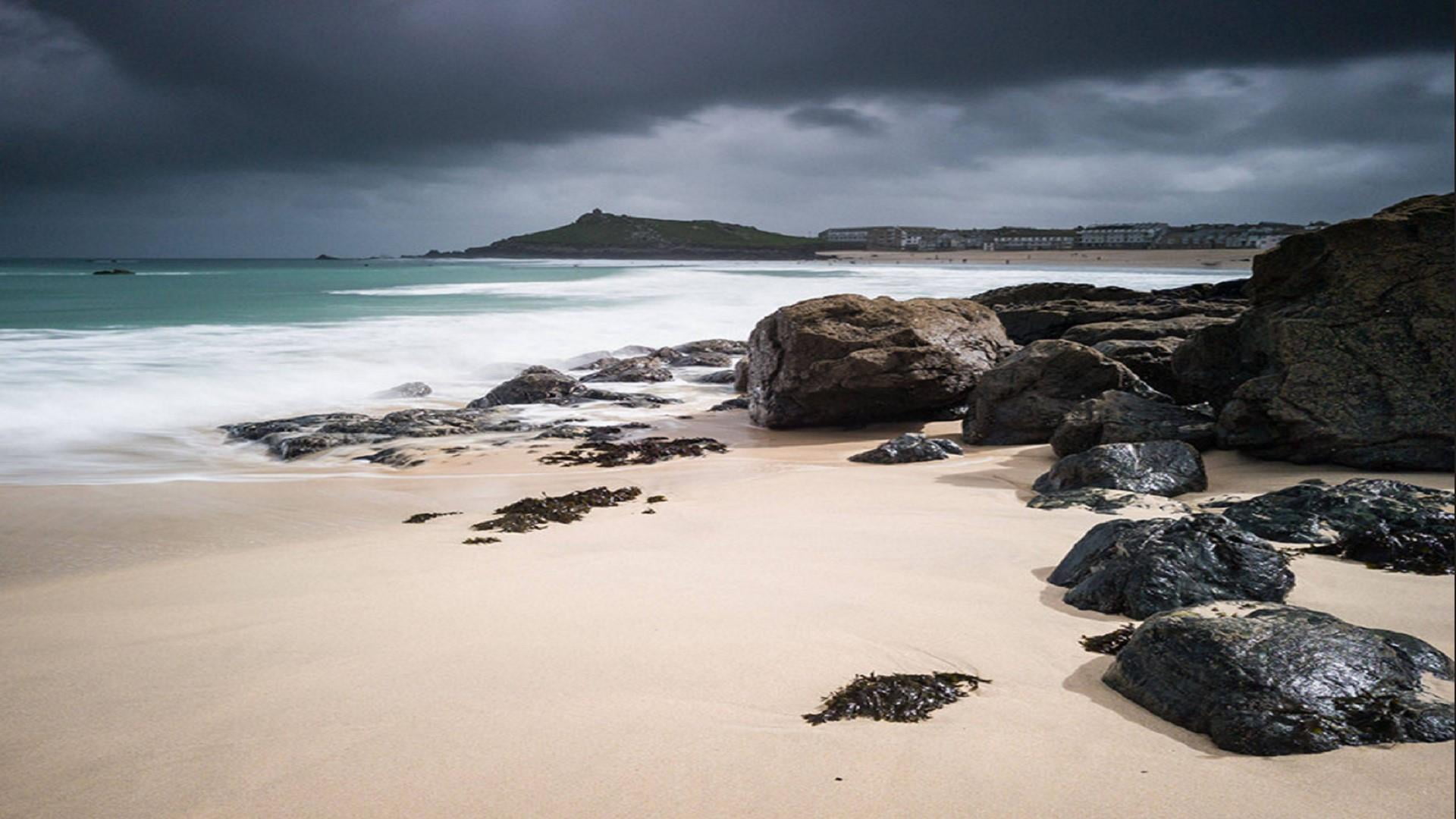 coastline, nature, water, st ives bay, cloud - sky, scenics - nature, land, sea shore, overcast, europe, england, solid, 1080P, storm cloud, no people, HD Wallpaper