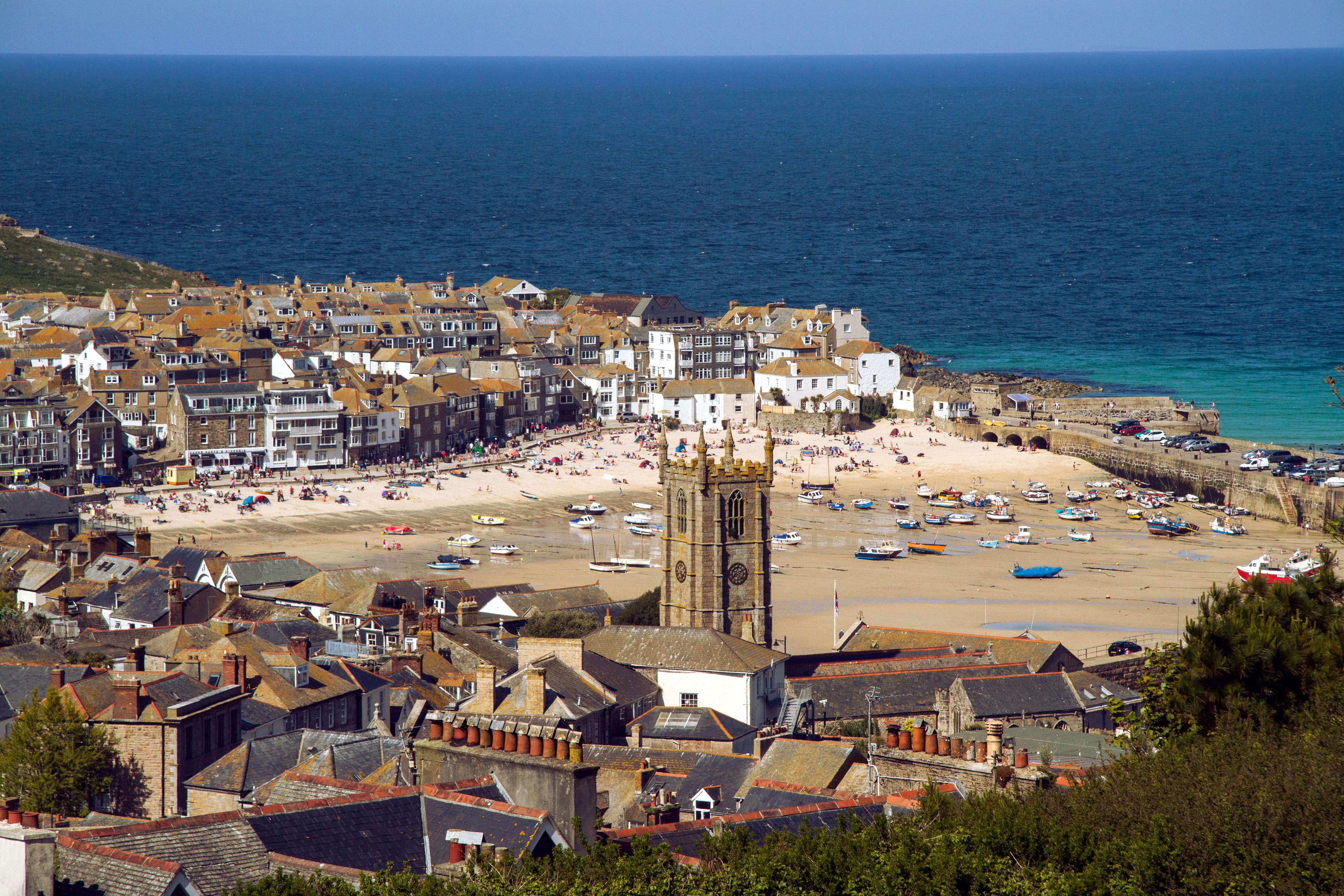 sky, st ives, Sea, Coast, townscape, coast, high angle view, Cornwall, residential district, horizon, 4K, building, crowd, built structure, city, cityscape, HD Wallpaper