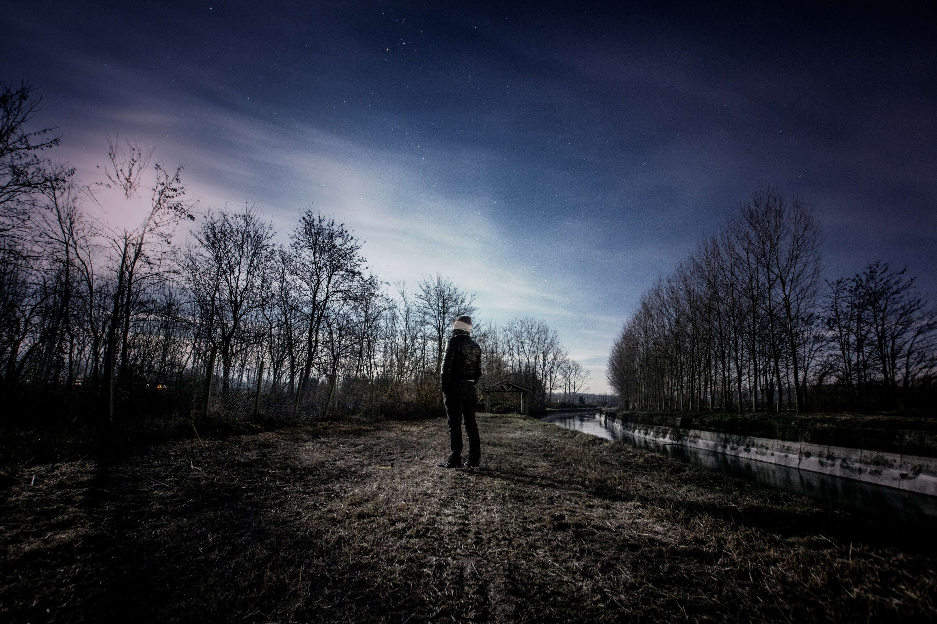 field, 4K, landscape, non-urban scene, tranquil scene, space, tranquility, alone, one person, beauty in nature, moonlight, full length, scenics - nature, HD Wallpaper