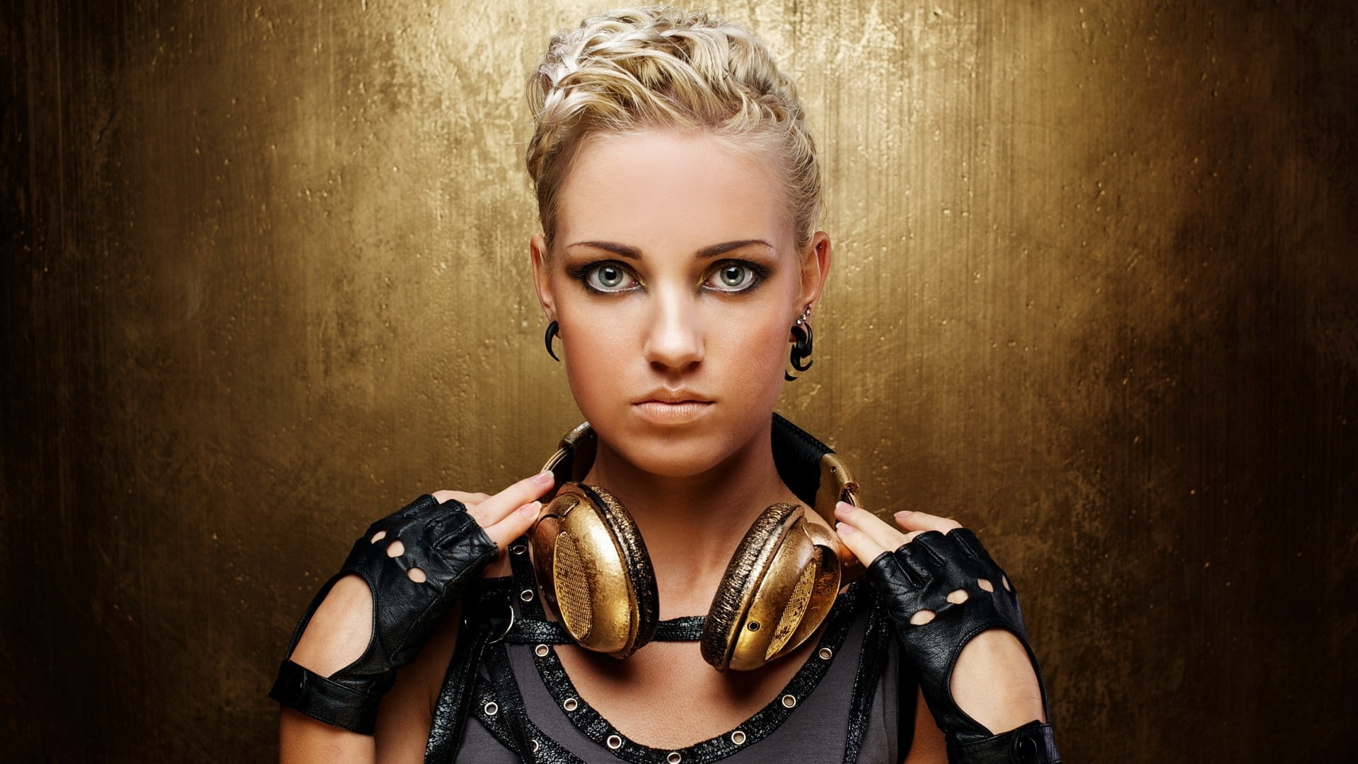 women, black, earrings, 1080P, blonde, eyes, headphone, headphones, cordless, mittens, gold, blue eyes, blue, HD Wallpaper