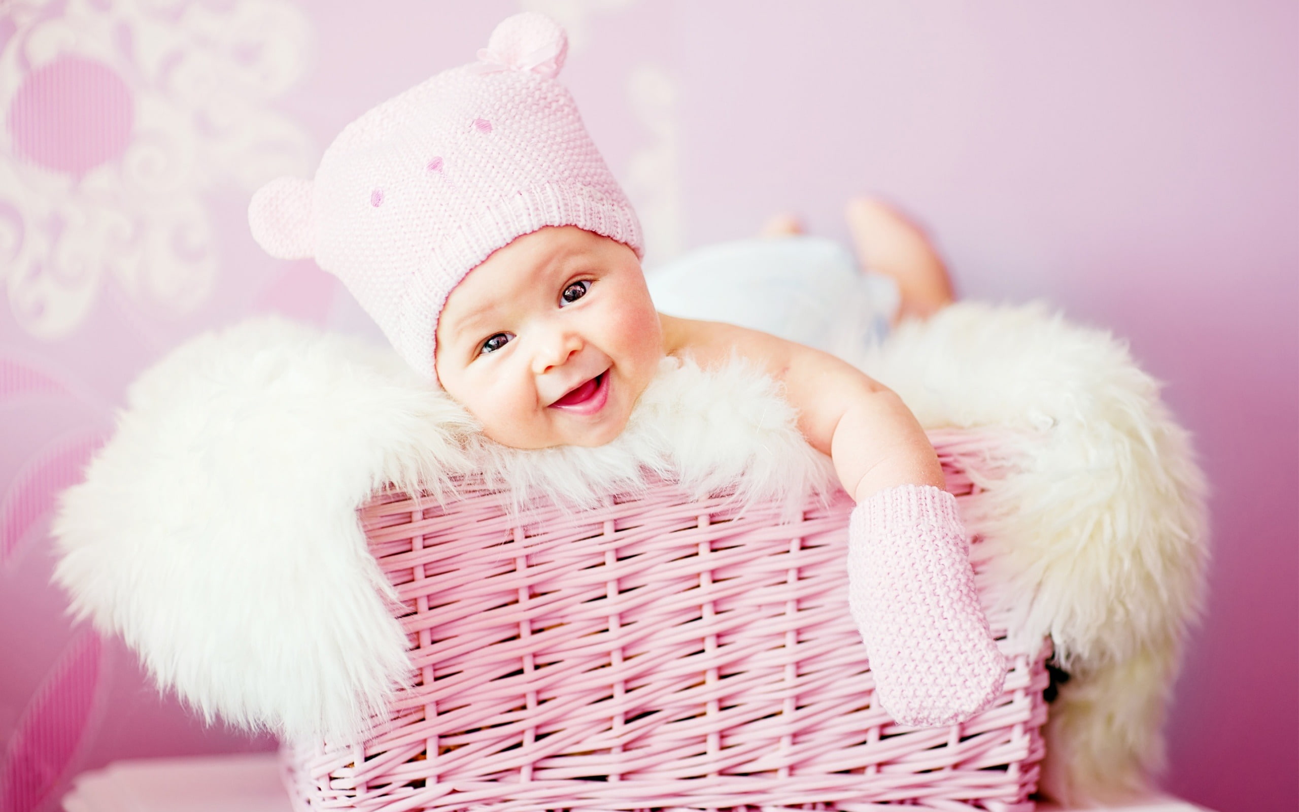  baby, pink color, smiling, winter, knit, portrait, laughing, mittens, cheerful, emotion, hd, cute, indoors, looking at camera, pink, hat, childhood, HD Wallpaper