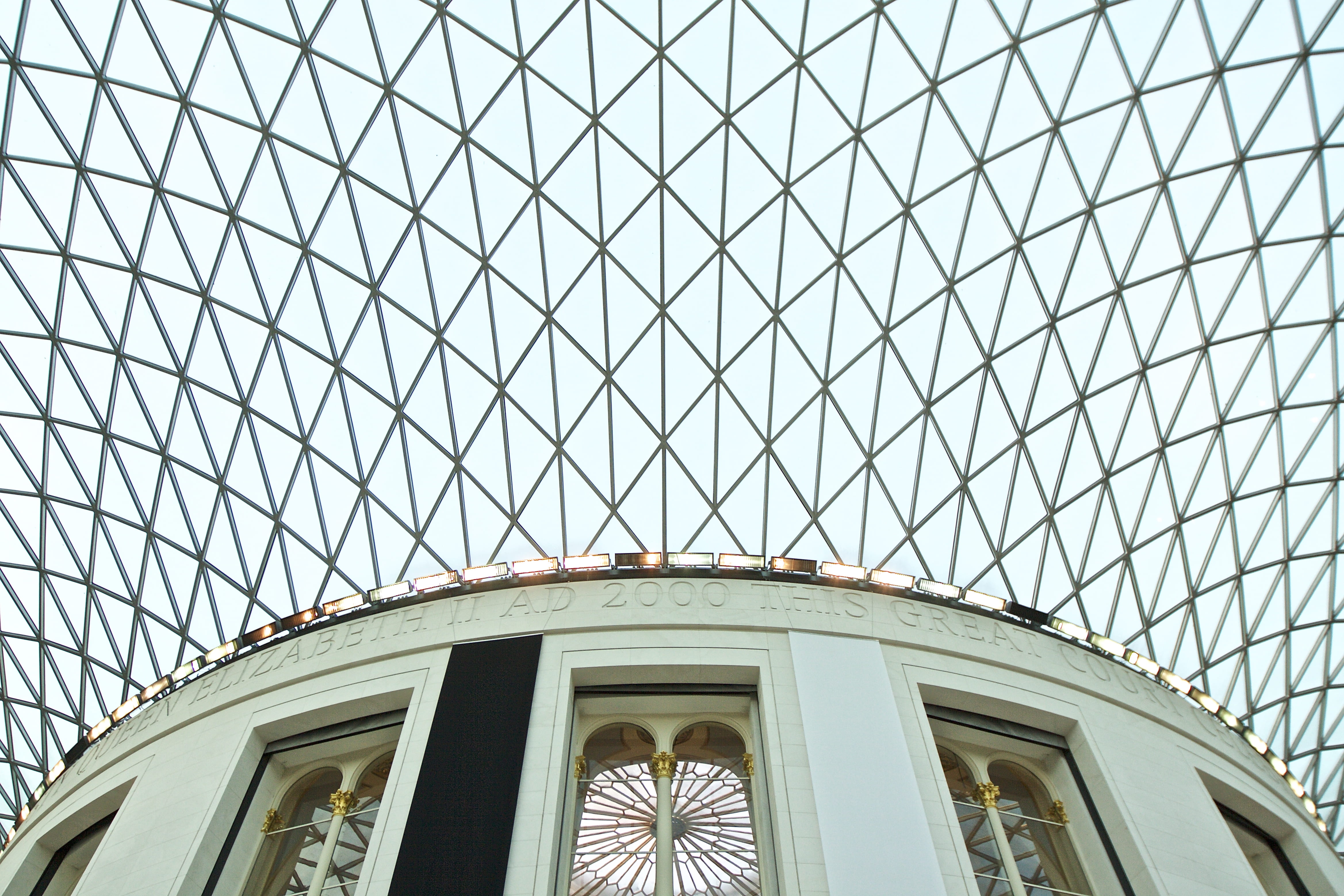 british museum, architecture and art, sunlight, directly below, the british museum, building exterior, pattern, roof, ceiling, modern, low angle view, london, HD Wallpaper
