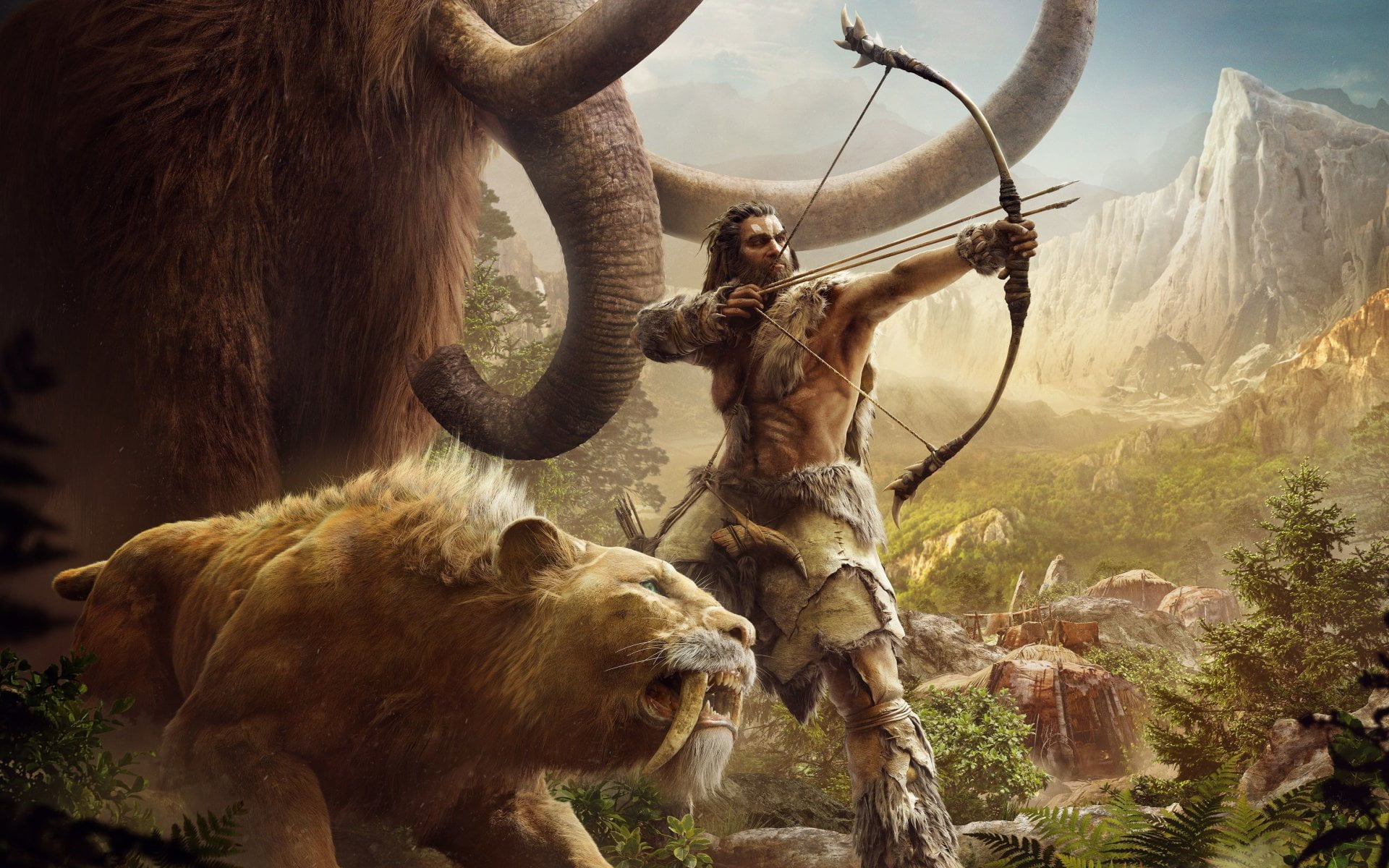 land, animals in the wild, tiger, plant, bow, Far Cry Primal, Saber-Toothed Tiger, mammoth, domestic, nature, Far Cry, vertebrate, two animals, animal family, HD Wallpaper