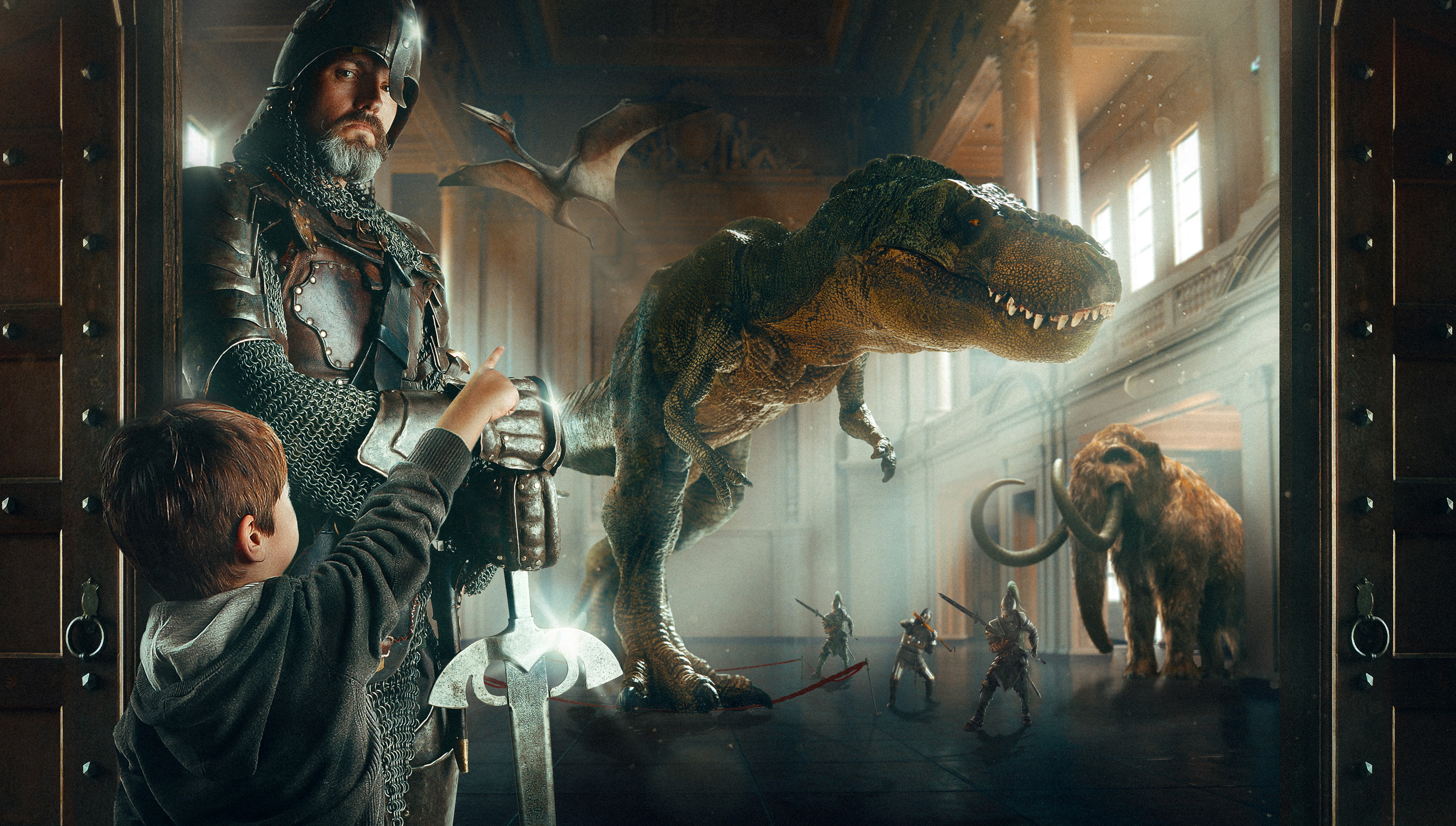 Dinosaur, Kid, Child, Adventure, Night at the Museum, Digital art, 4K, Mammoth, 4K, HD Wallpaper