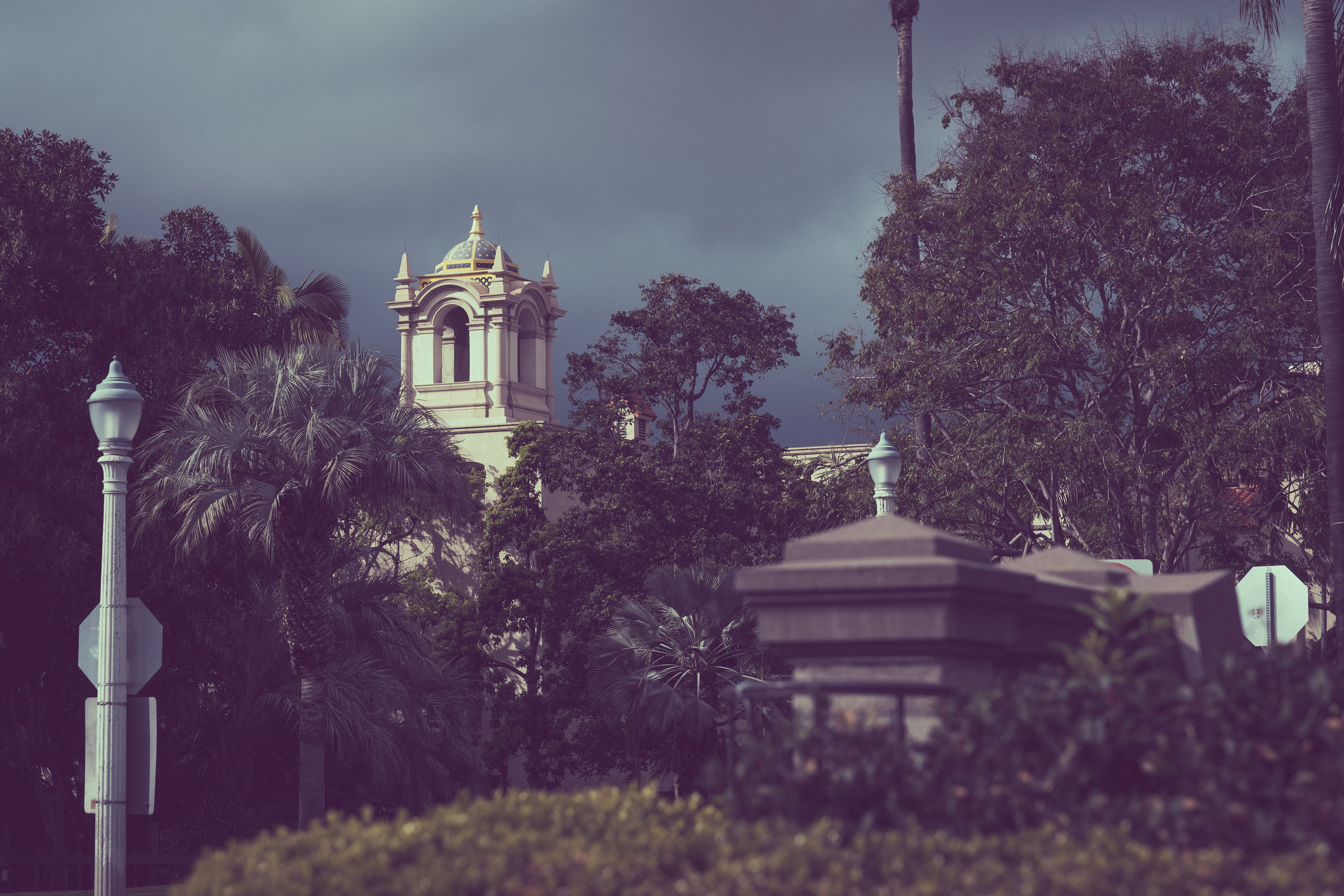tower, rain, ca, spire, balboa, cloudy, lighting equipment, san diego, rainy, 5K, day, nature, united states, plant, place of worship, religion, balboa park, HD Wallpaper