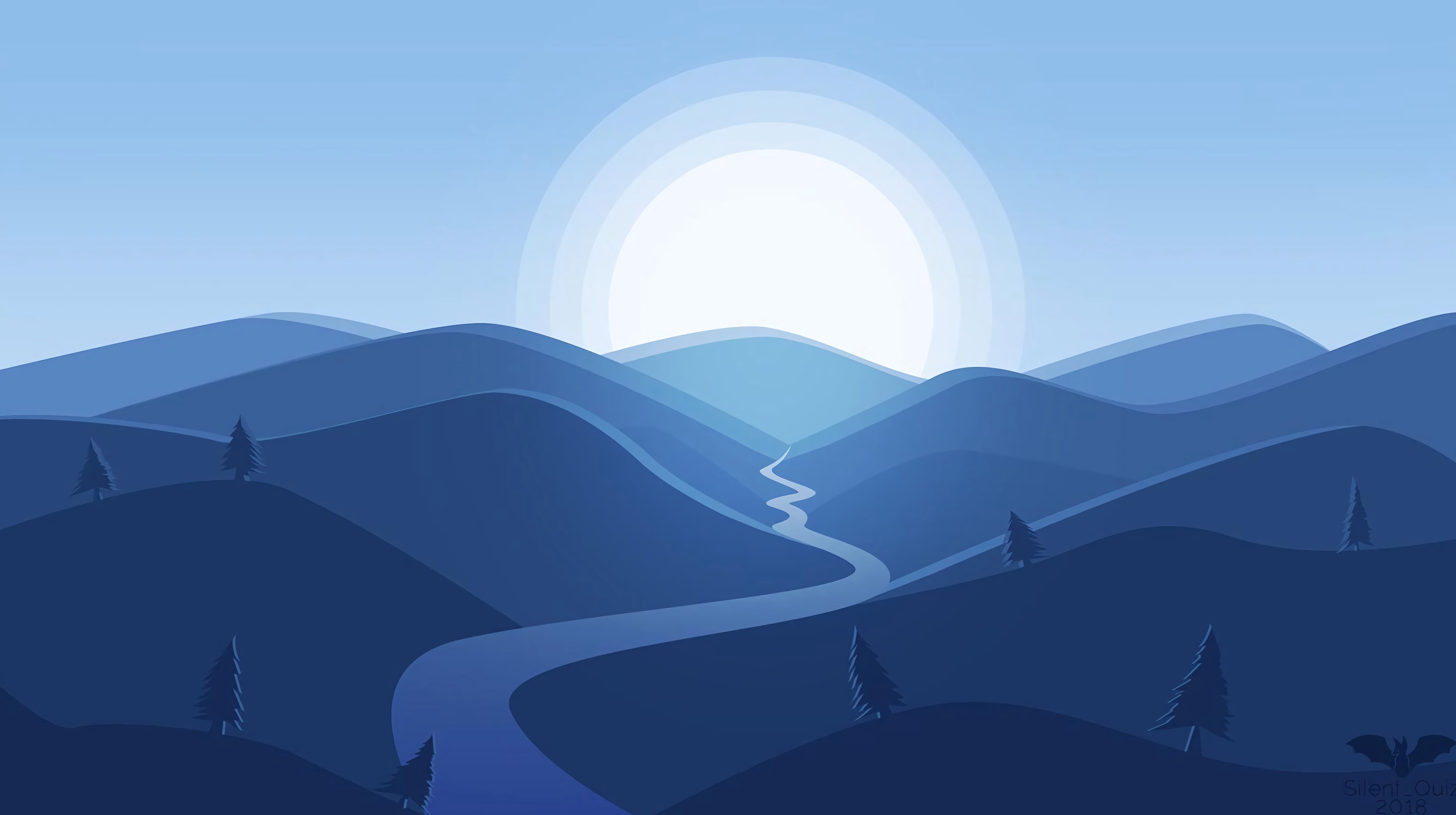 River, Minimalist, Artistic, 5K, Mountain, Landscape, Sun, HD Wallpaper