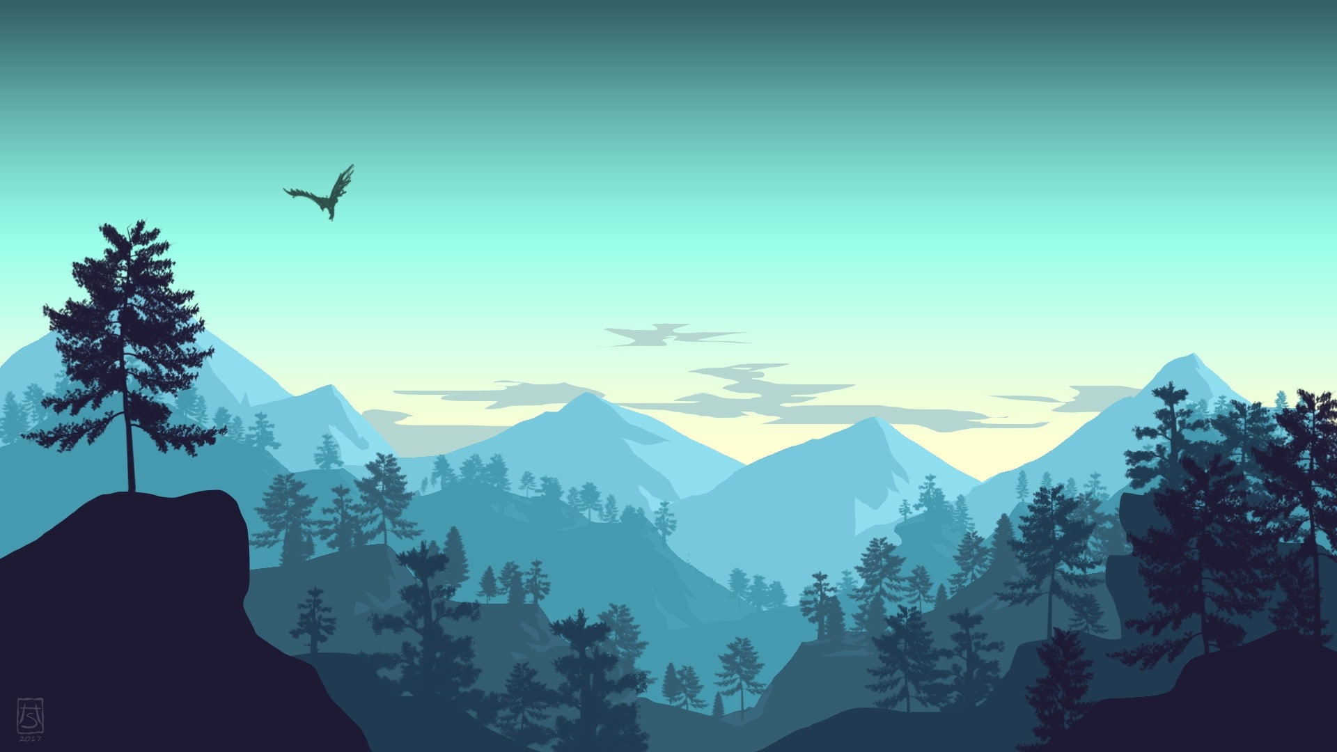 1080P, sky, mountains, bird, artwork, landscape, forest, minimalistic, HD Wallpaper