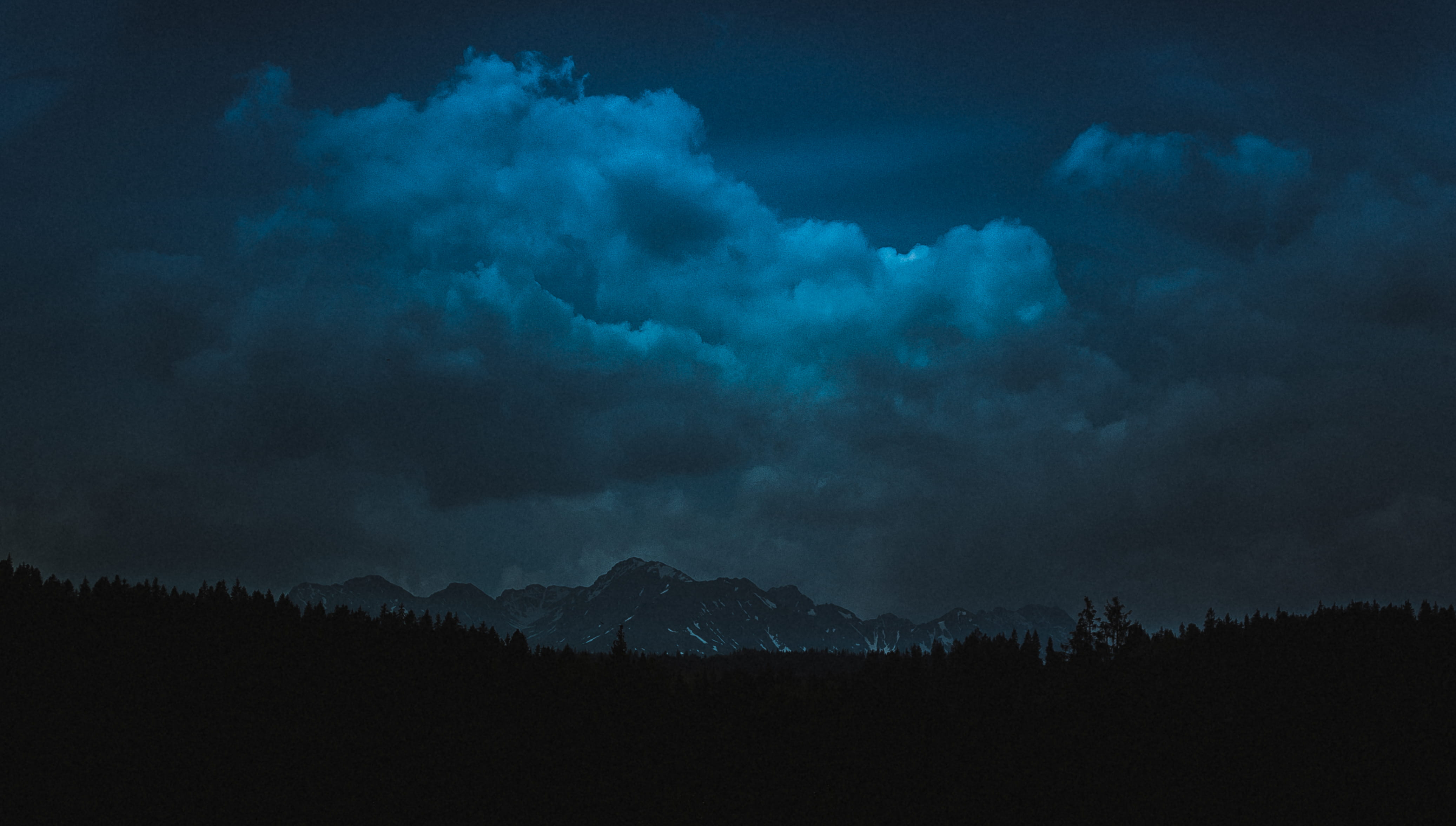 weather, scenics - nature, storm, looking up, cloud - sky, night, light, cloud, evening, minimalism, shadows, no people, land, pine tree, mountain, black, HD Wallpaper