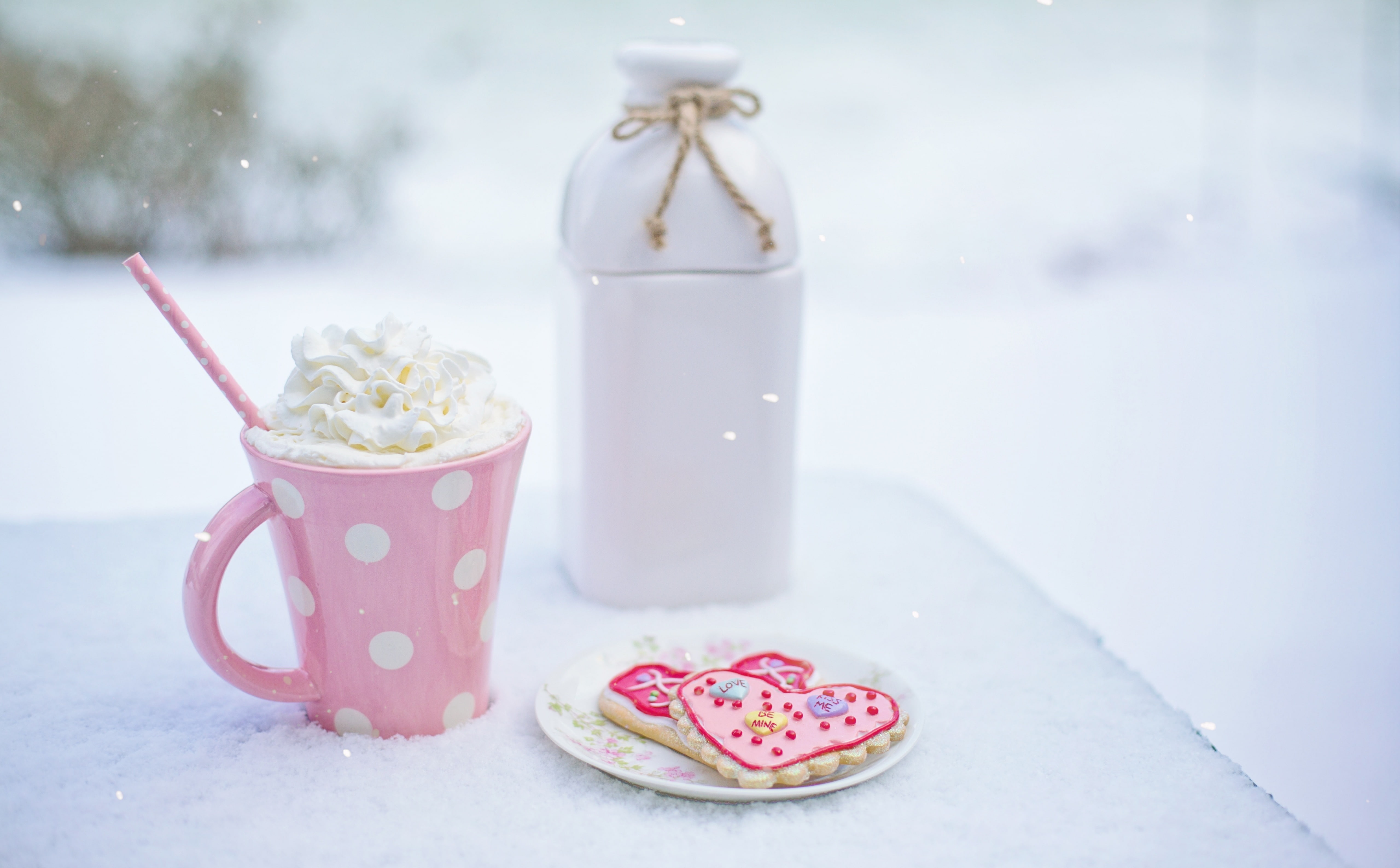 Pink, Cute, Snowflakes, cookies, milk, food and drink, still life, pinkmug, 2017, temptation, 5K, cold temperature, focus on foreground, Holidays, ready-to-eat, HD Wallpaper