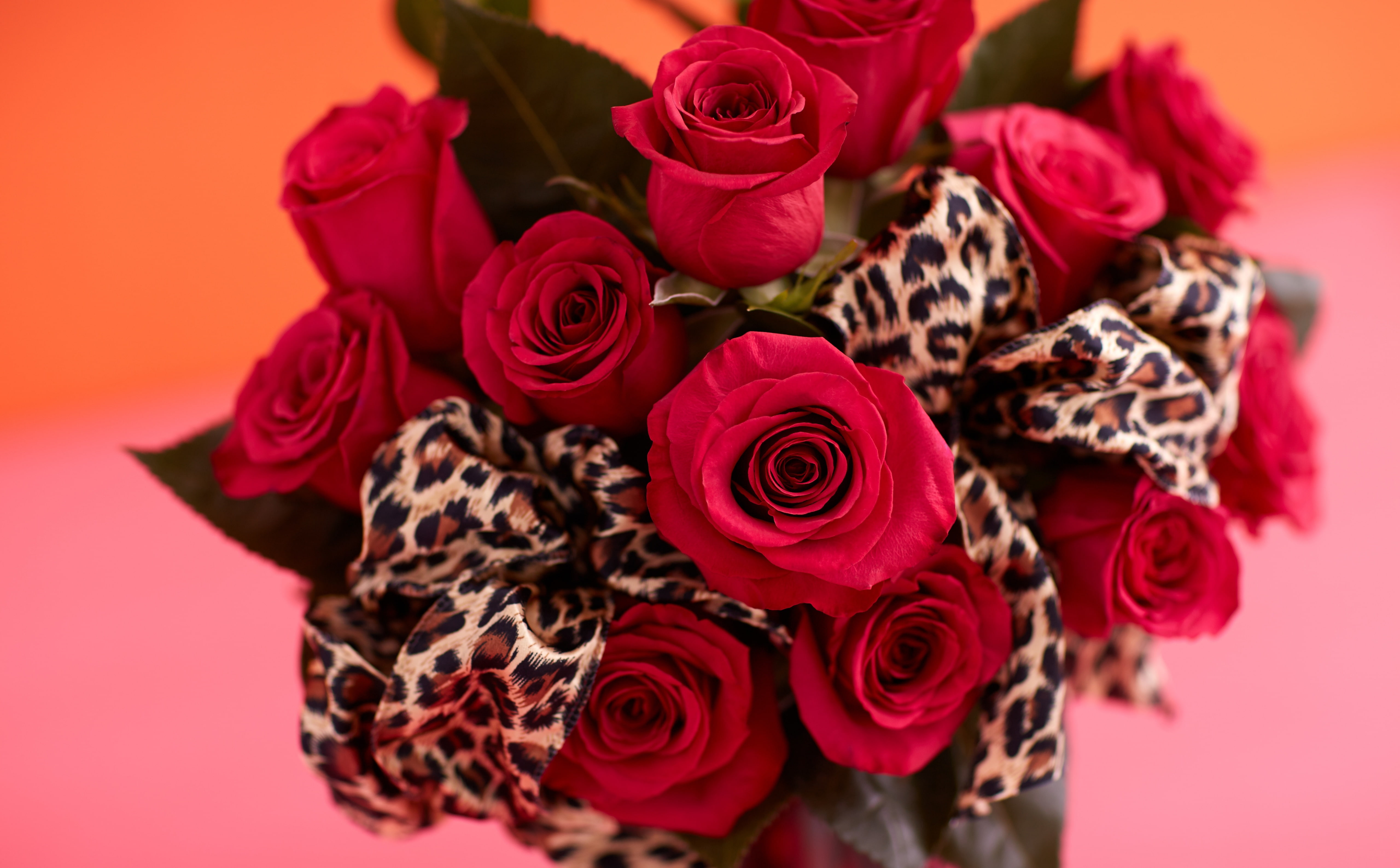 floral pattern, red, bouquet, bunch of flowers, valentines day - holiday, petal, flower arrangement, flower head, Leopard, no people, 5K, Ribbon, Roses, HD Wallpaper