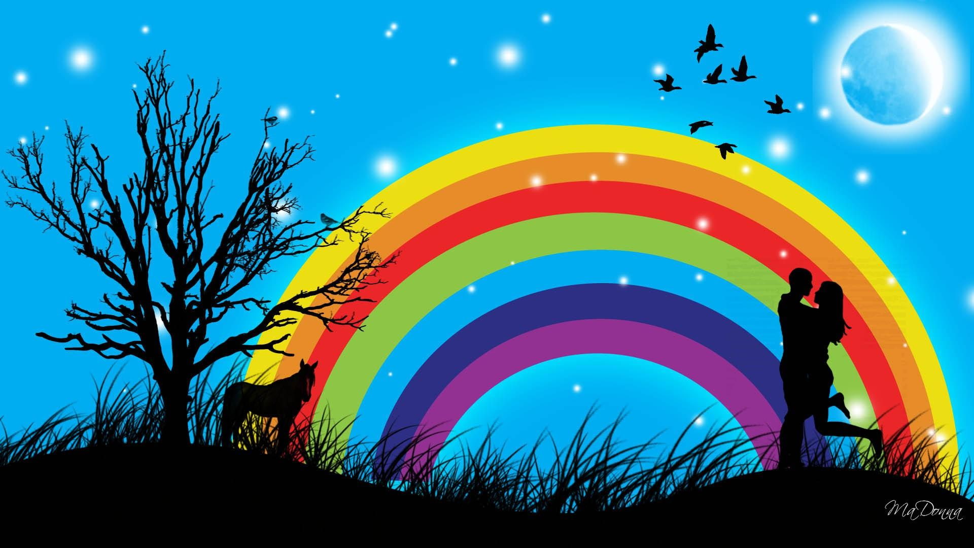 valentines day, stars, 3d and abstract, birds, night, rainbow, moon, love, firefox persona, 1080P, tree, HD Wallpaper