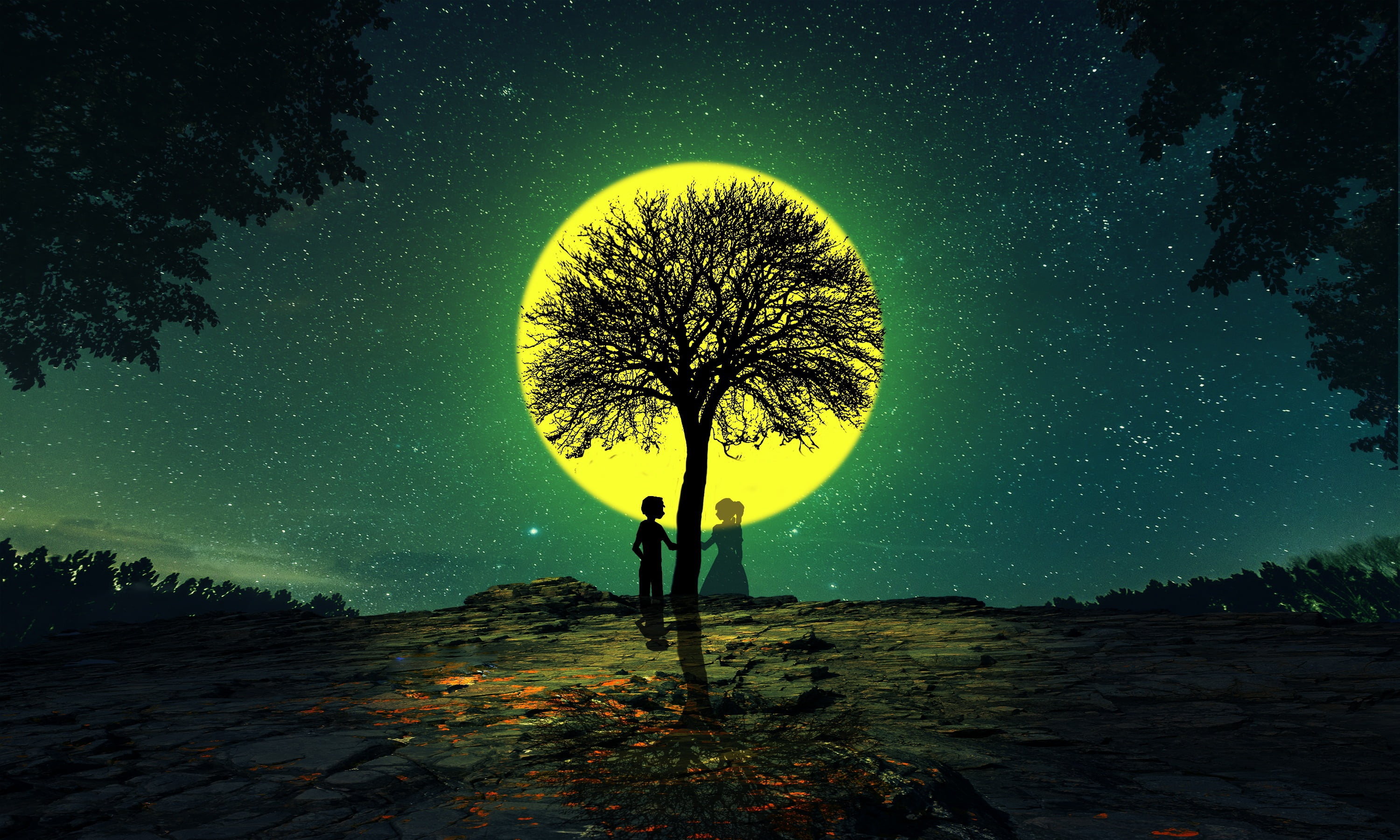 Tree, 2K, Couple, Fantasy, Silhouette, Love, Full Moon, HD Wallpaper