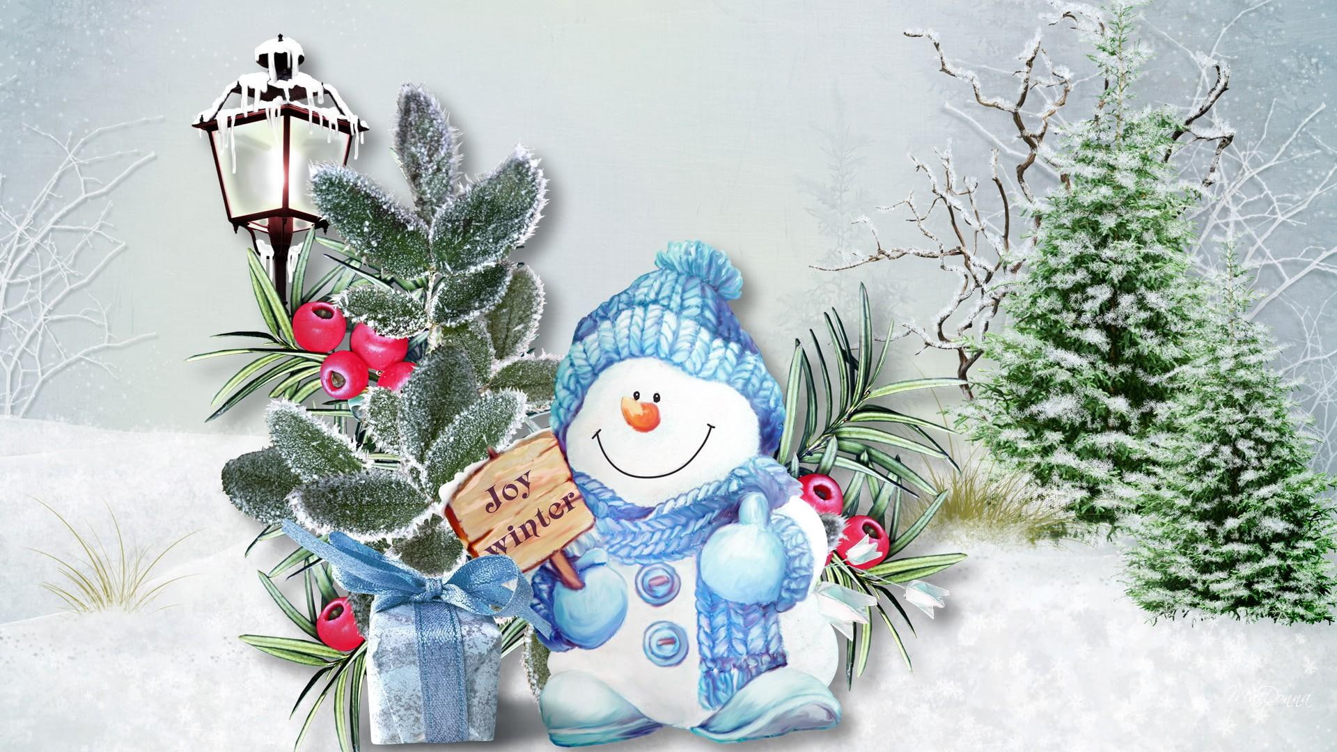 berries, lovable, 1080P, gift, joy, winter, leaves, snow, frost, cold, lamp post, whimsical, snowman, sweet, cute, trees, HD Wallpaper