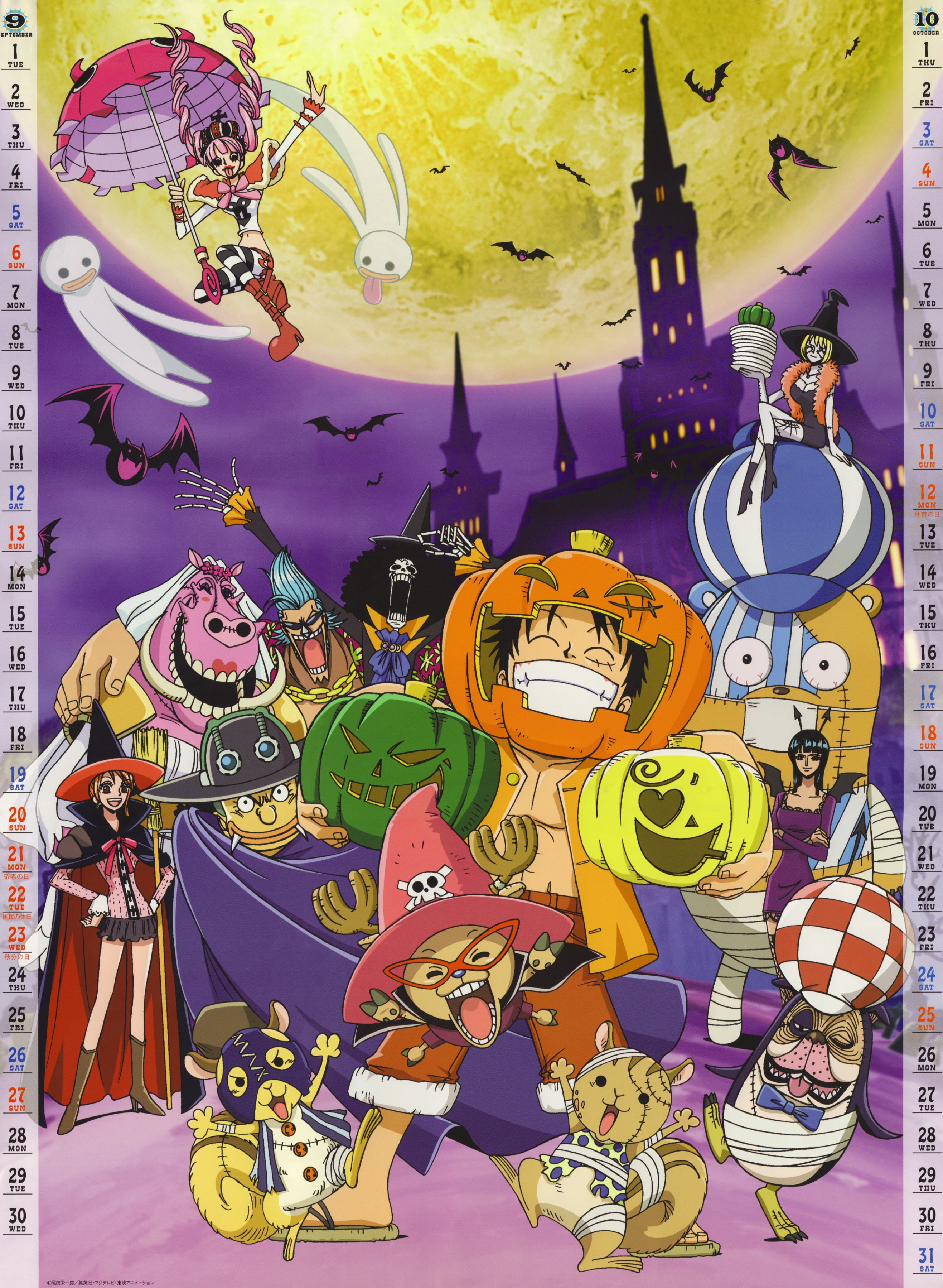 brook, monkey, cleavage, calendar, franky, luffy, halloween, inuppe, horns, nami, victoria, piece, usopp, kumashi, perona, nico, cindry, wings, robin, 2K, Phone HD Wallpaper