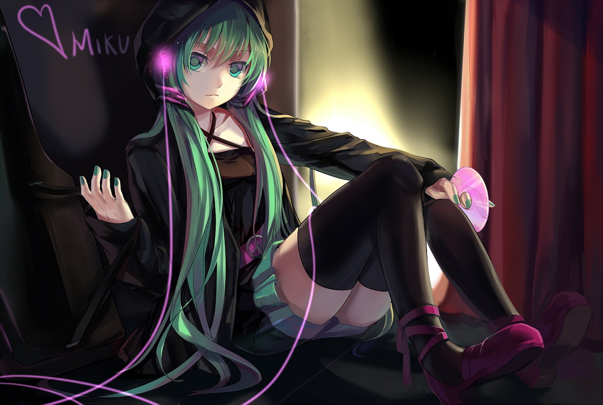 Vocaloid, Hatsune Miku, thigh-highs, 1080P, HD Wallpaper