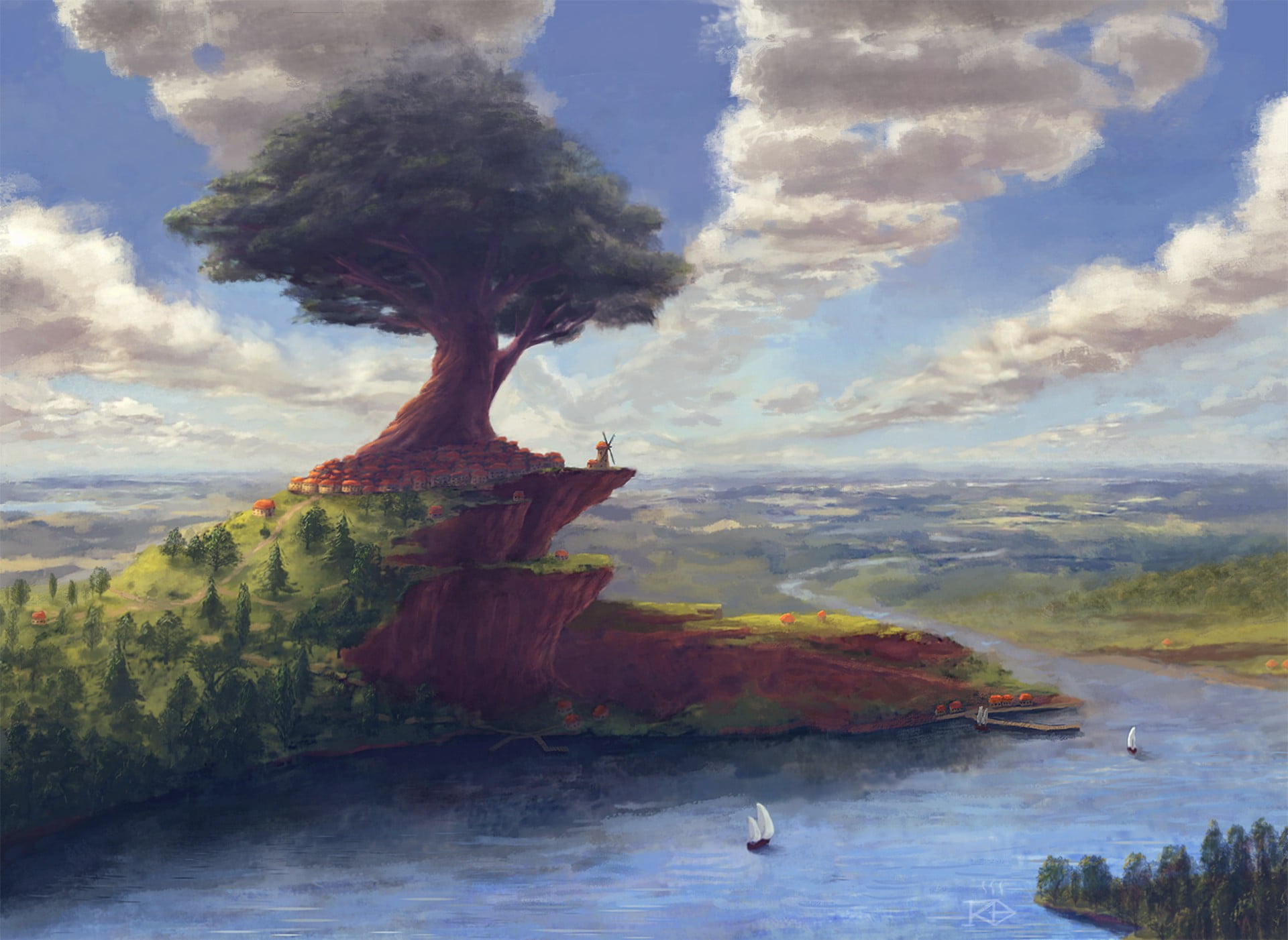 travel destinations, painting, outdoors, land, hill, tranquility, cloud - sky, artwork, tree, day, sky, no people, mountain, plant, large, nature, fantasy art, HD Wallpaper