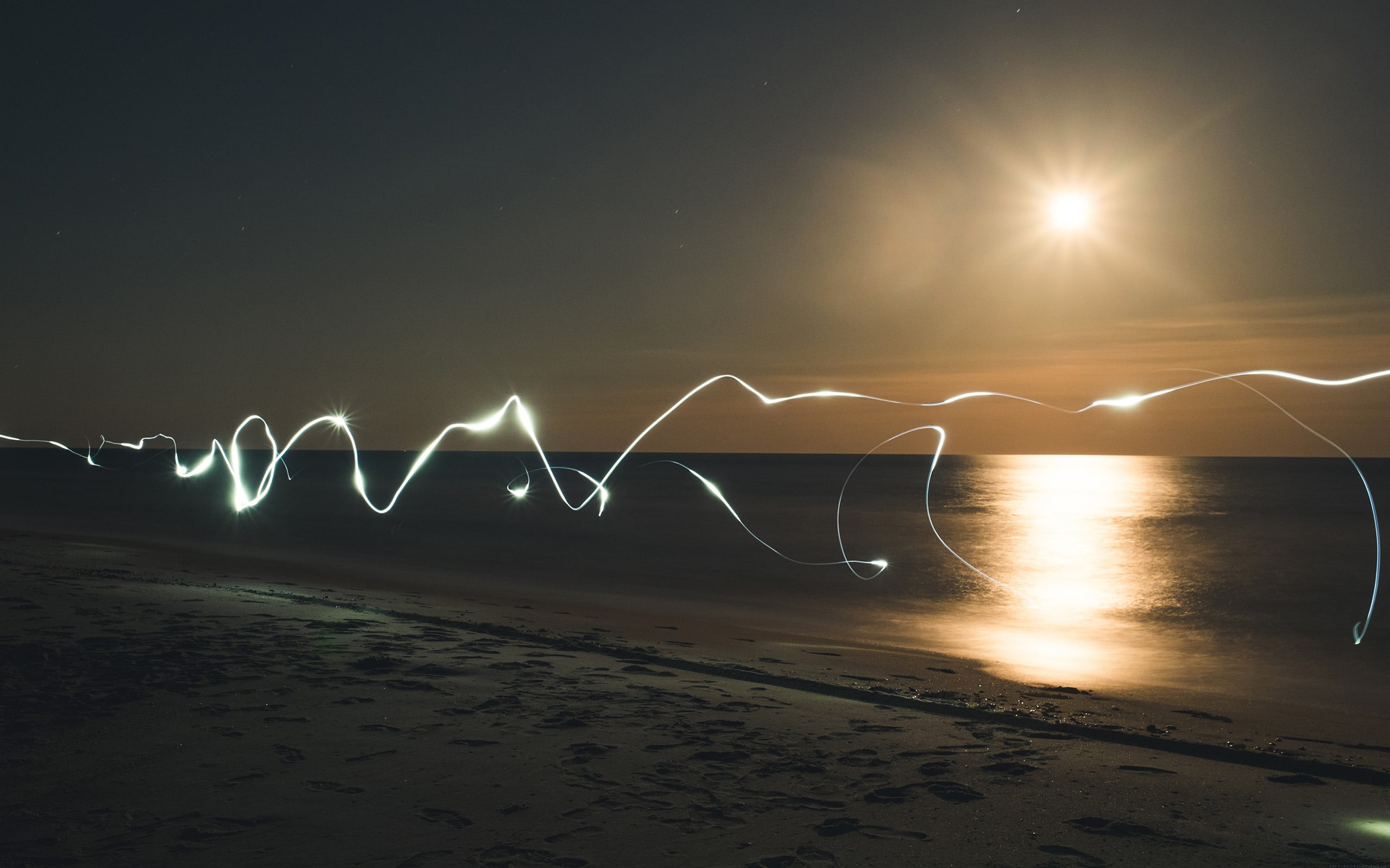sea, nature, art and craft, night, land, tranquil scene, light, photography, motion, light painting, beach, Sun, long exposure, body, glowing, scenics - nature, HD Wallpaper