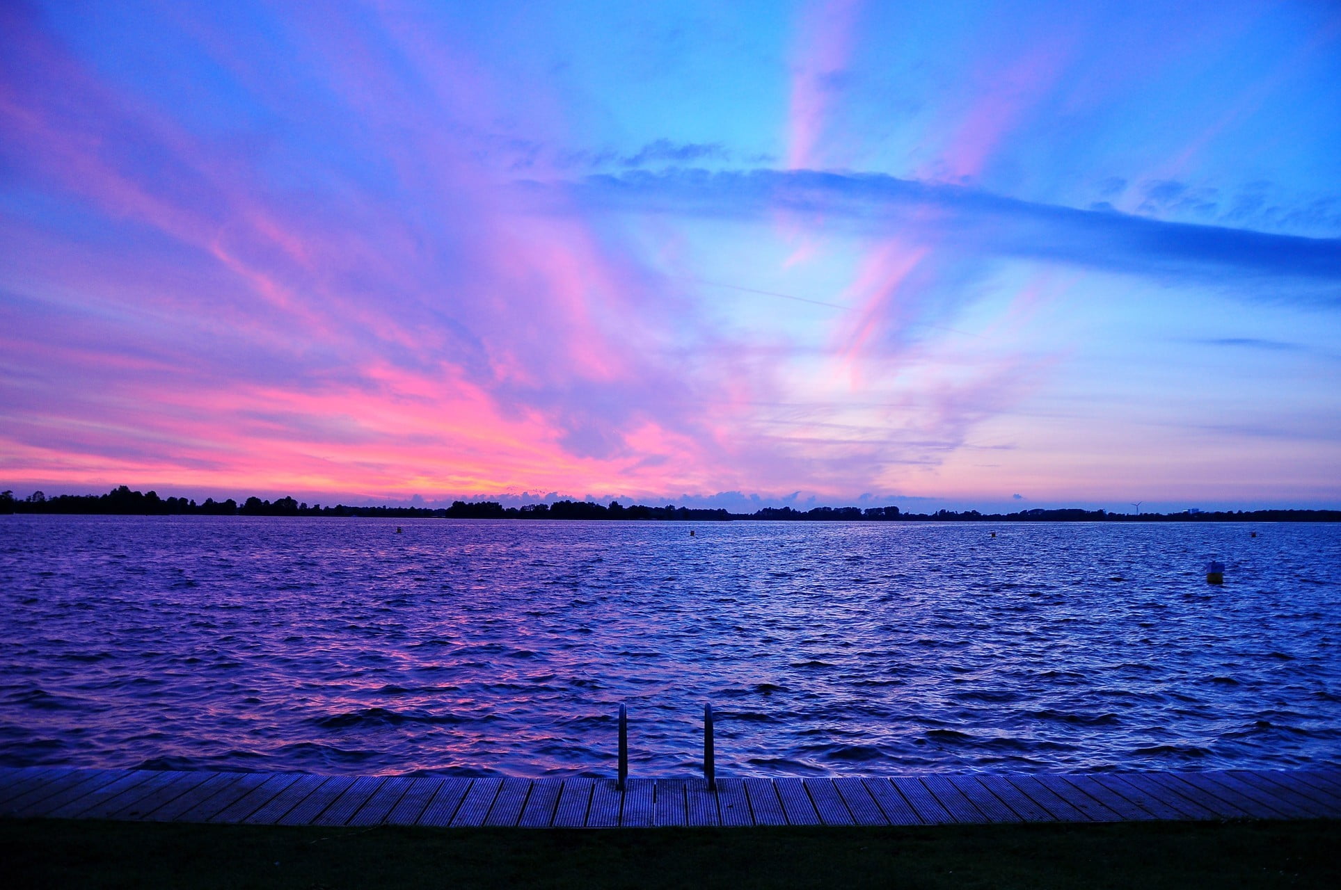 sunset, purple, happy, outdoors, rippled, no people, water, blue, large, 1080P, beauty in nature, tranquil scene, tranquility, sky, reflection, absence, HD Wallpaper