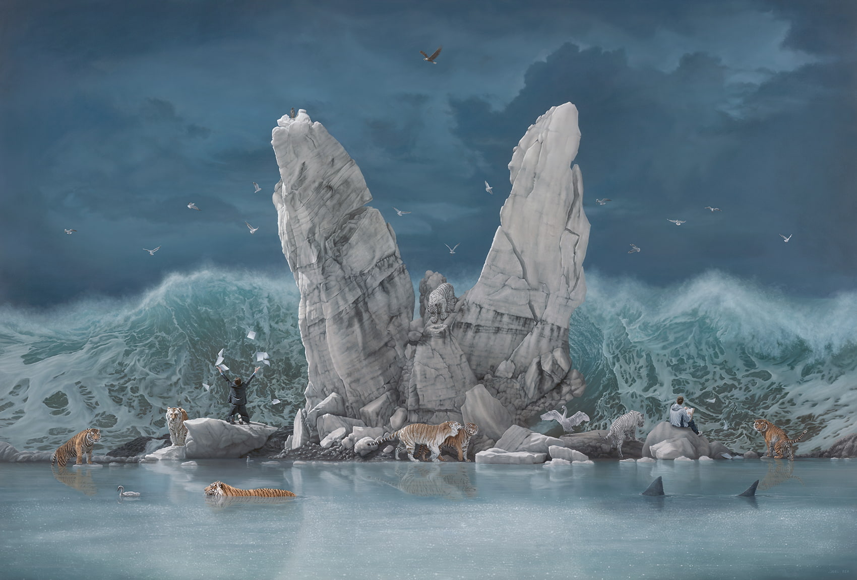 digital composite, men, clouds, vertebrate, nature, Joel Rea, winter, 720P, outdoors, cold temperature, waves, bird, animals, animal, surreal, animals in the wild, HD Wallpaper