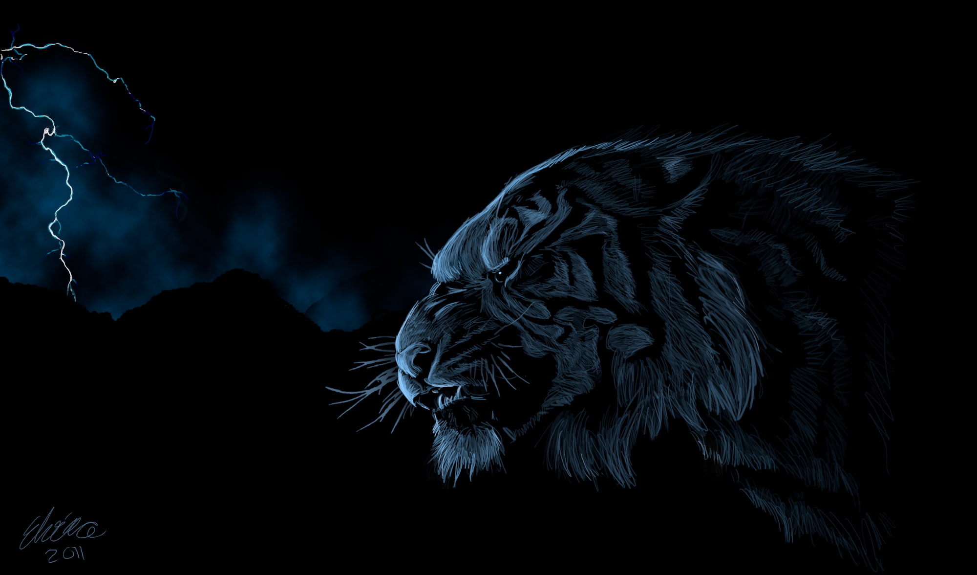 animals, tiger, lightning, art, gray, dark, storm, fantasy, feline, painting, cats, tigers, 1080P, HD Wallpaper