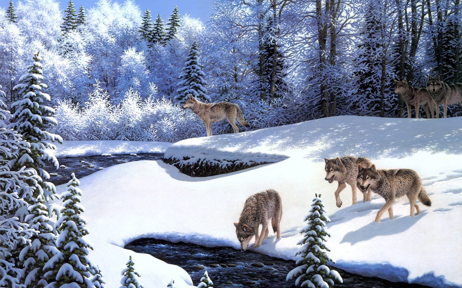 a, snow, paintings, winter, nature, Streams, rivers, Trees, seasons, art, the, Prowl, water, wildlife, predators, forest, Richert, Oil, white, ON!, 1080P, HD Wallpaper