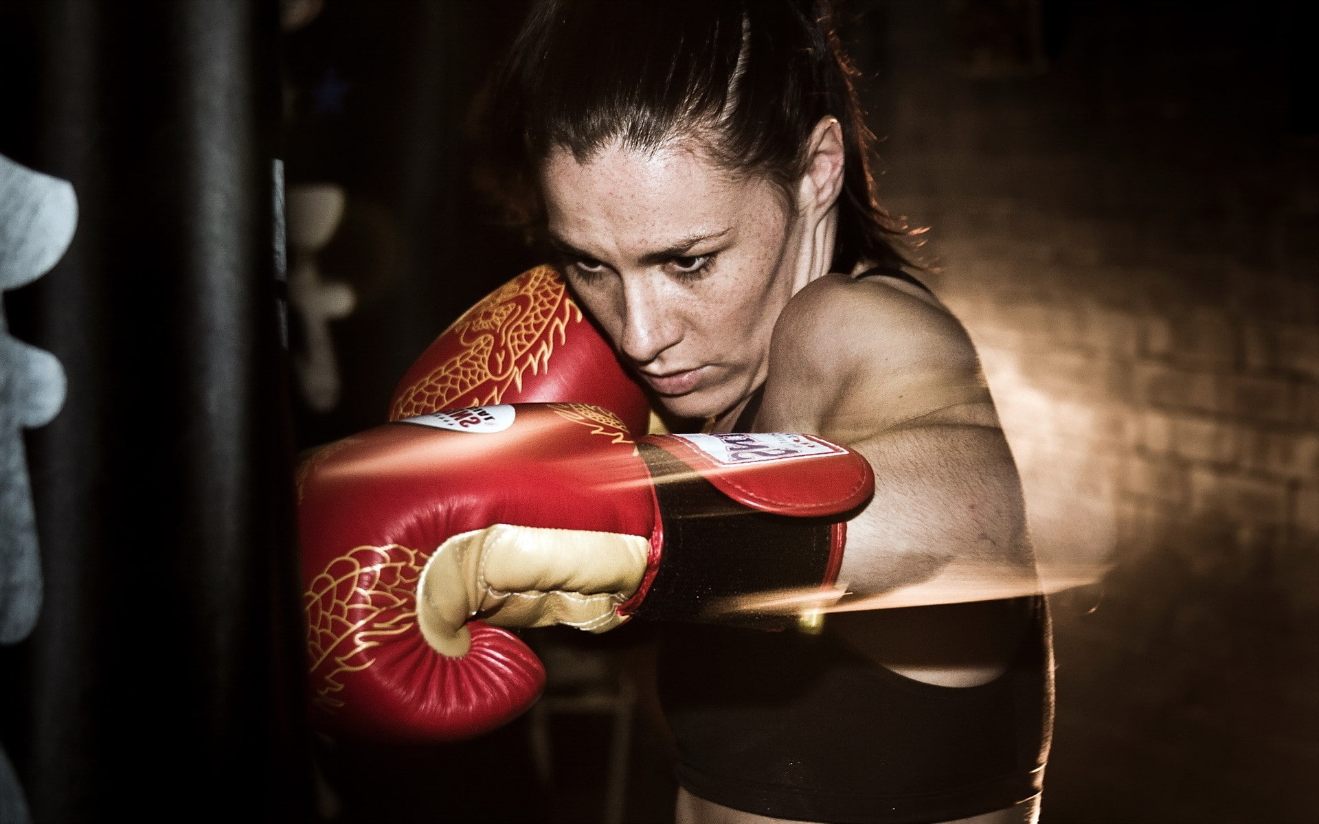 indoors, healthy lifestyle, sadness, one person, aggression, dark, sport, emotion, exercising, boxing - sport, boxing glove, punching, women, portrait, HD Wallpaper
