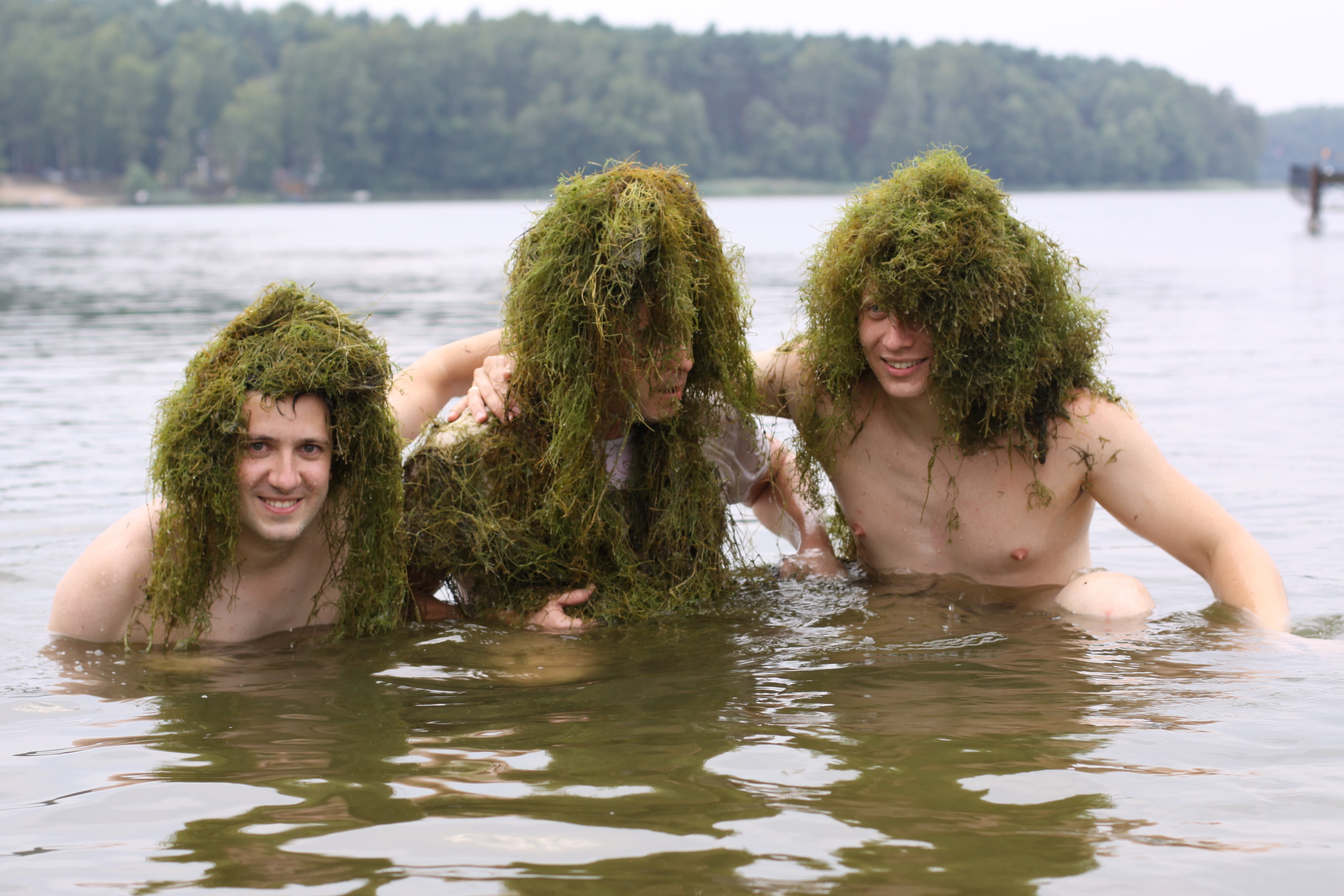 swimming, waterfront, body, men, real people, nature, lake, grass, heads, person, laugh, plant, day, catfishes, teenager, green, grasses, males, leisure activity, HD Wallpaper