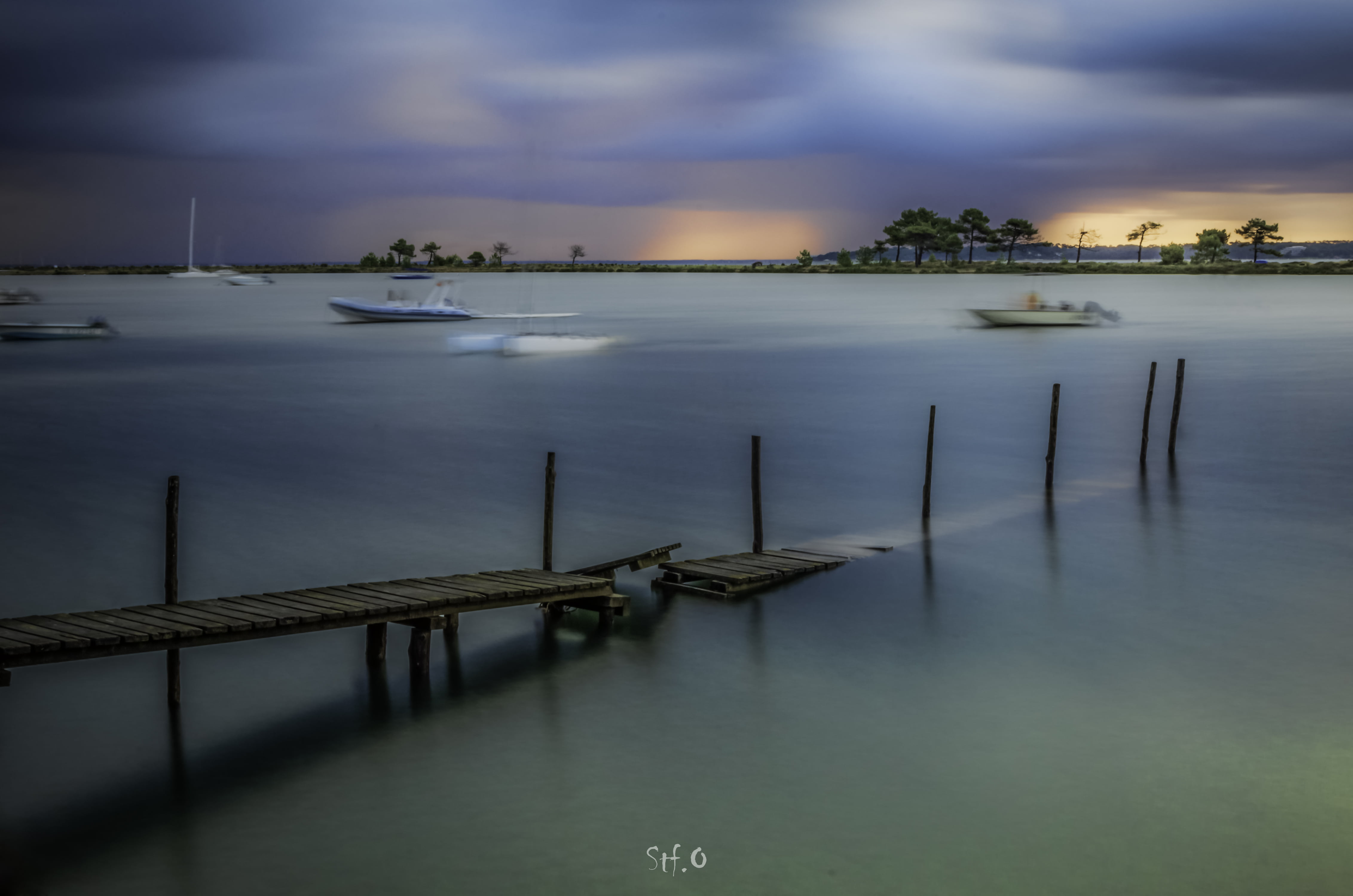 water, sea, harbor, arcachon, 4K, body, reflection, long exposure photograph, night, boats, cap-ferret, wooden, dock, photograph, long, exposure, body, HD Wallpaper
