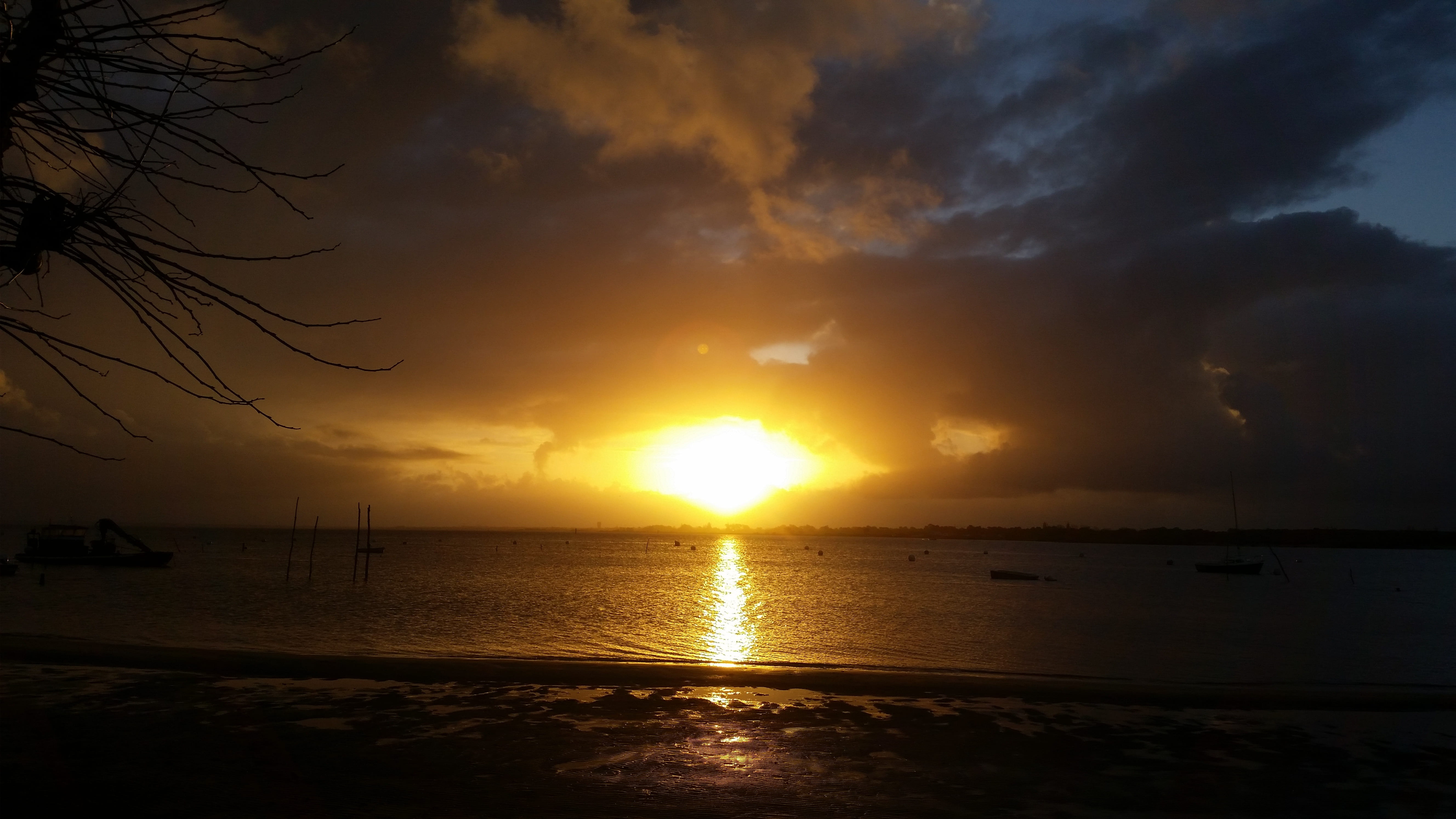5K, nature, basin of arcachon, no people, tranquil scene, sunset, beauty in nature, sun, sea, beach, sky, land, sunlight, water, horizon over water, reflection, HD Wallpaper
