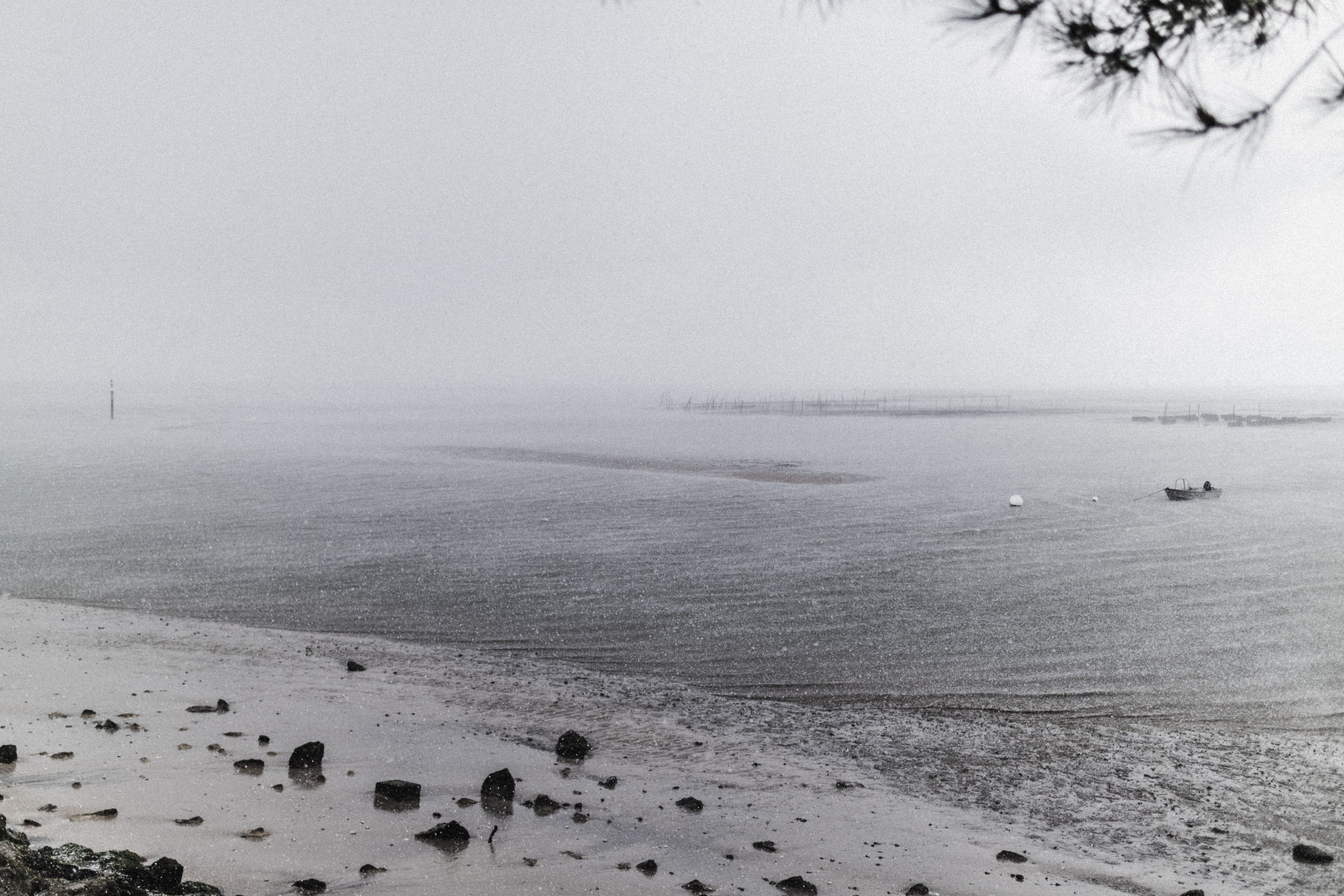 tranquility, outdoors, horizon, pier, horizon over water, hail, arcachon, france, idyllic, sea, no people, water, nature, landscape, sky, land, fog, 5K, HD Wallpaper