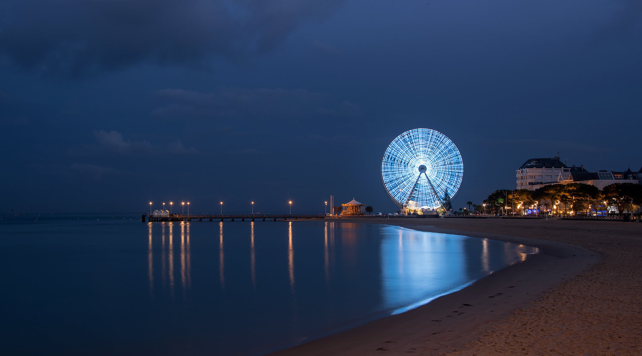 Arcachon, the city, shore, Bay, France, Aquitaine, night, city, lights, 1080P, HD Wallpaper