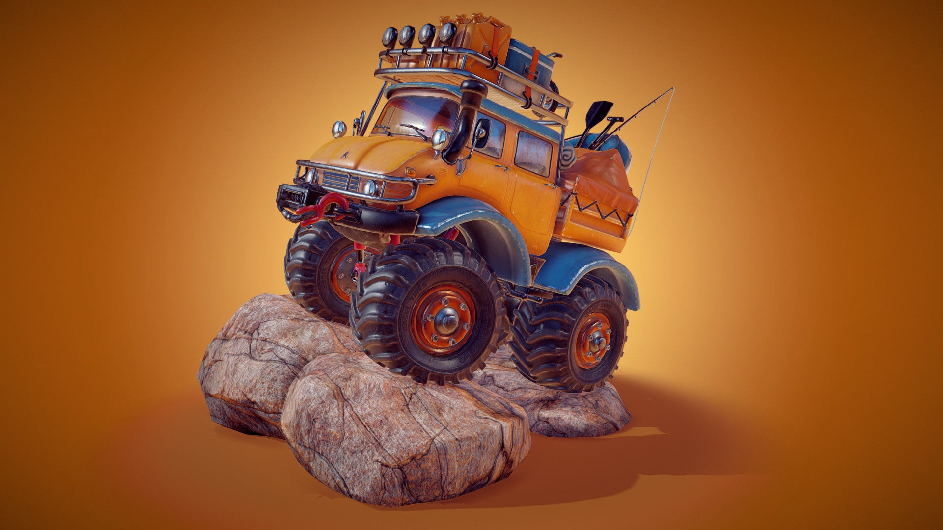 no people, brown, studio shot, wood - material, representation, antique, 1080P, Mighty truck - Happy Camper, still life, art and craft, creativity, orange background, HD Wallpaper