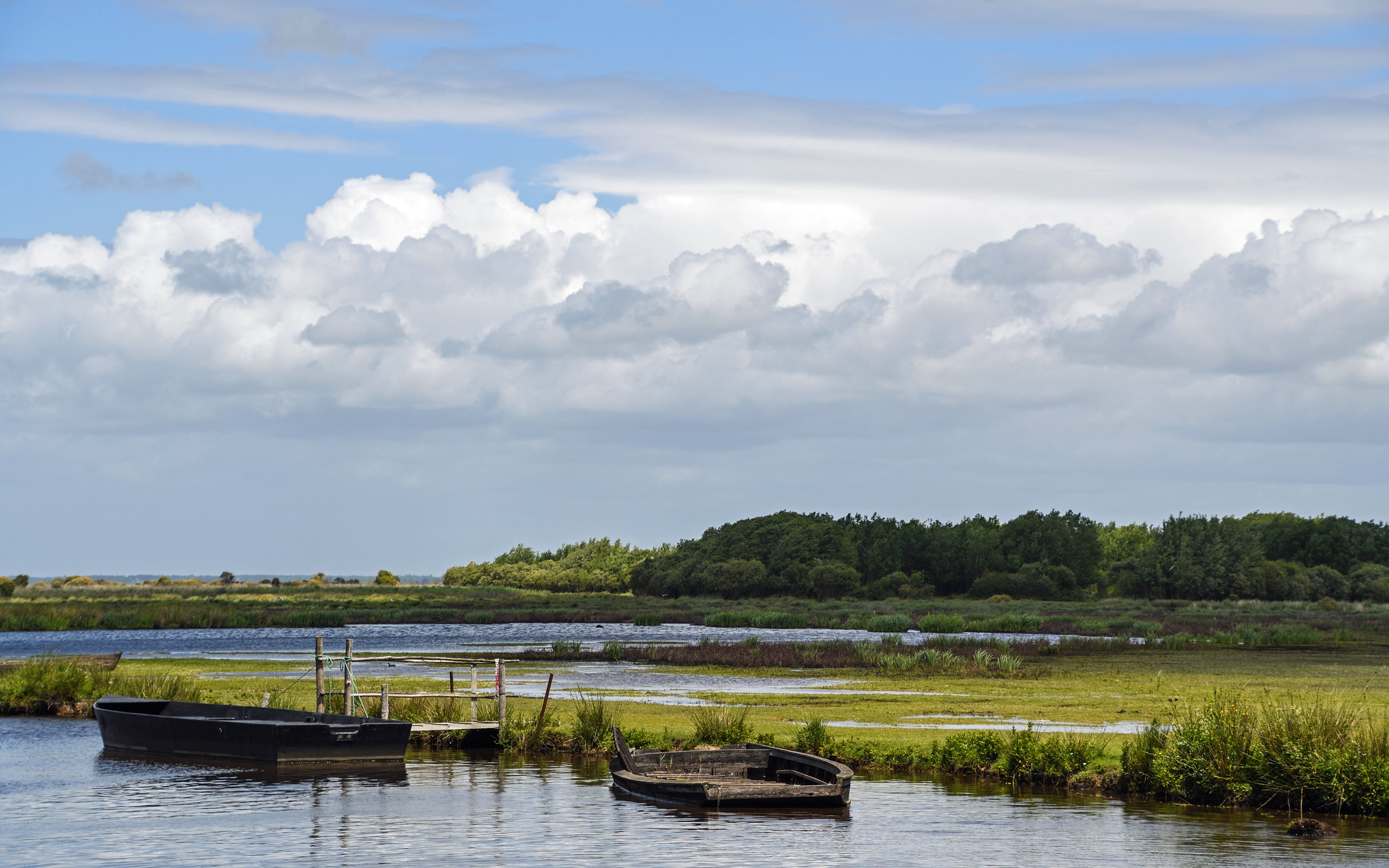 water, no people, sky, brière, nature, marsh, non-urban scene, transportation, plant, cloud - sky, lake, 5K, tree, mode of transportation, nautical vessel, HD Wallpaper