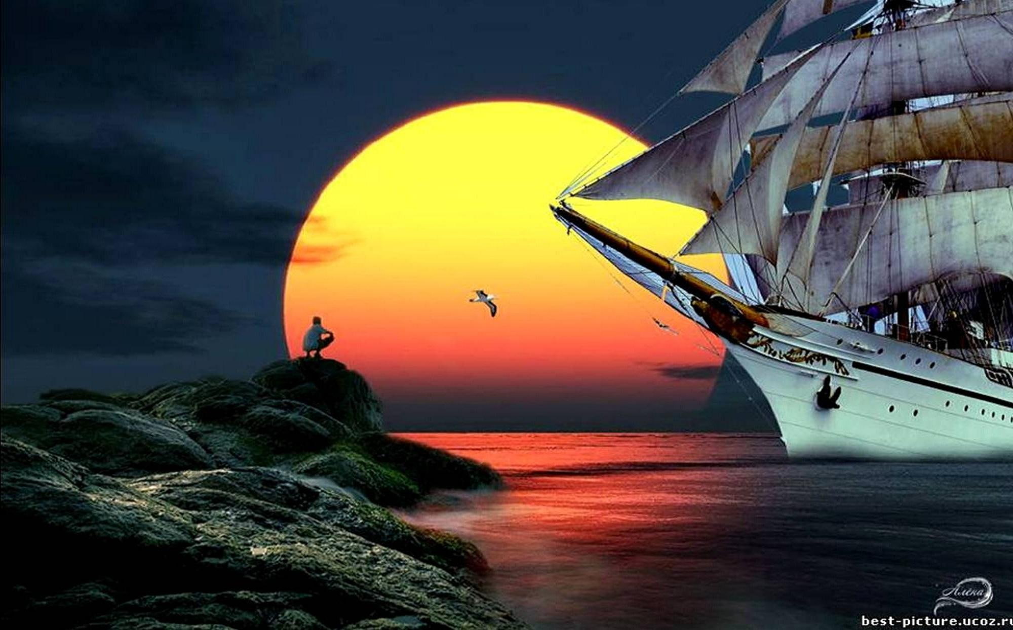 jaune, boats, sailboat, soleil, voilier, sunset, 1080P, HD Wallpaper