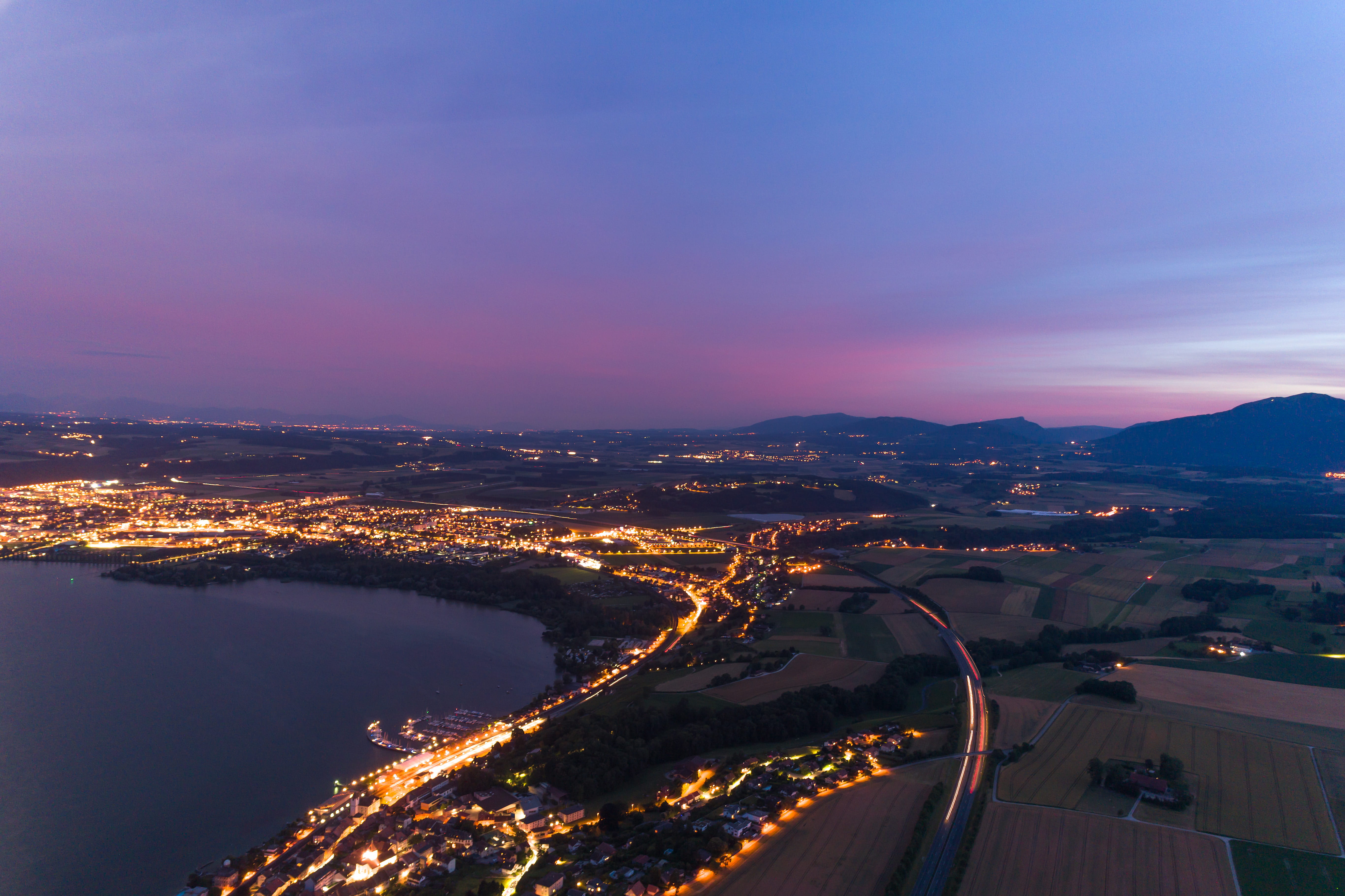 illuminated, city, water, cityscape, built structure, outdoors, environment, aerial view, nature, beauty in nature, grandson, night, building exterior, HD Wallpaper