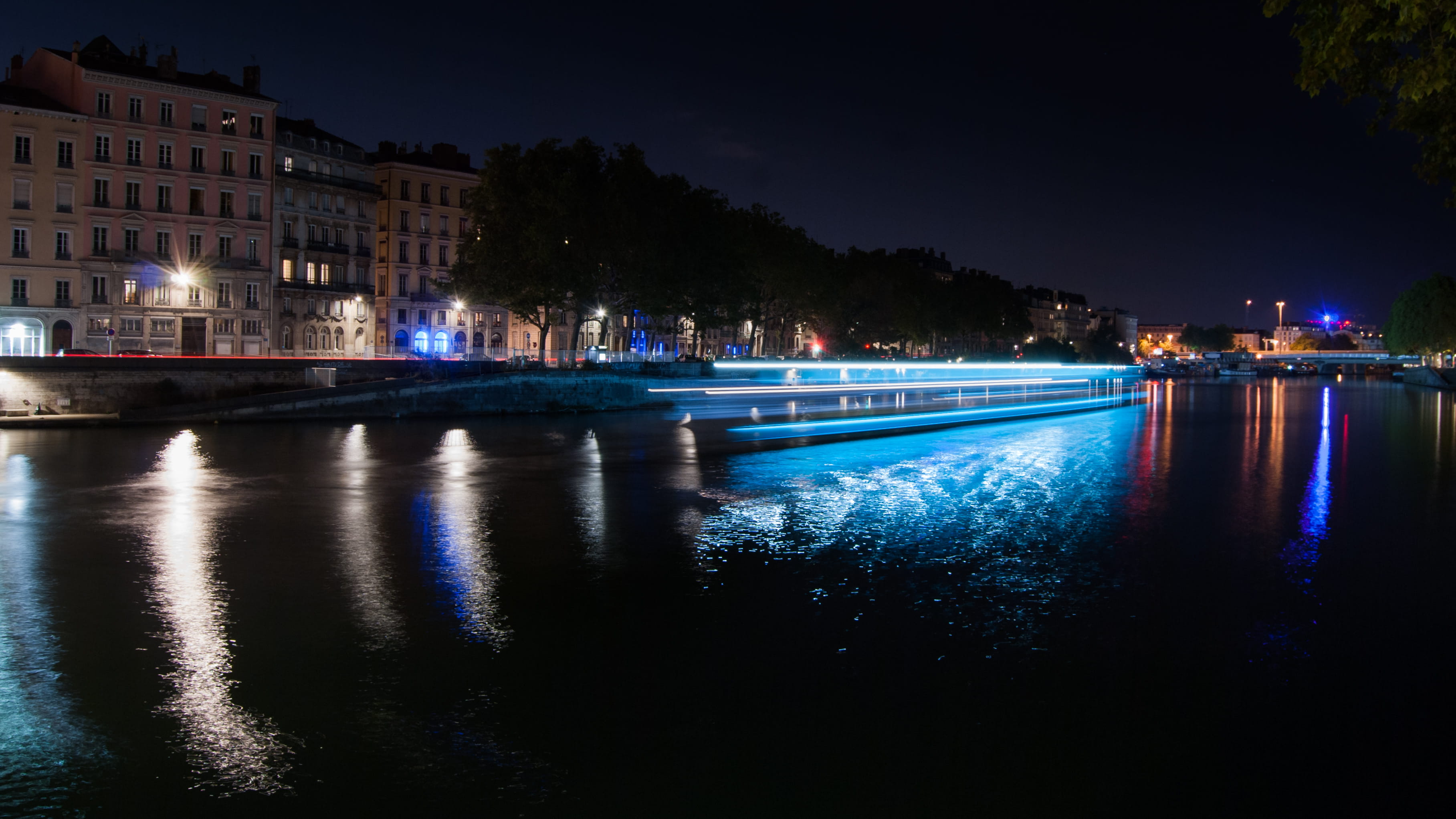 river, long exposure, building, waterfront, outdoors, built structure, boat, no people, water, filé, nuit, night, transportation, 2K, vieux lyon, monlyon, HD Wallpaper