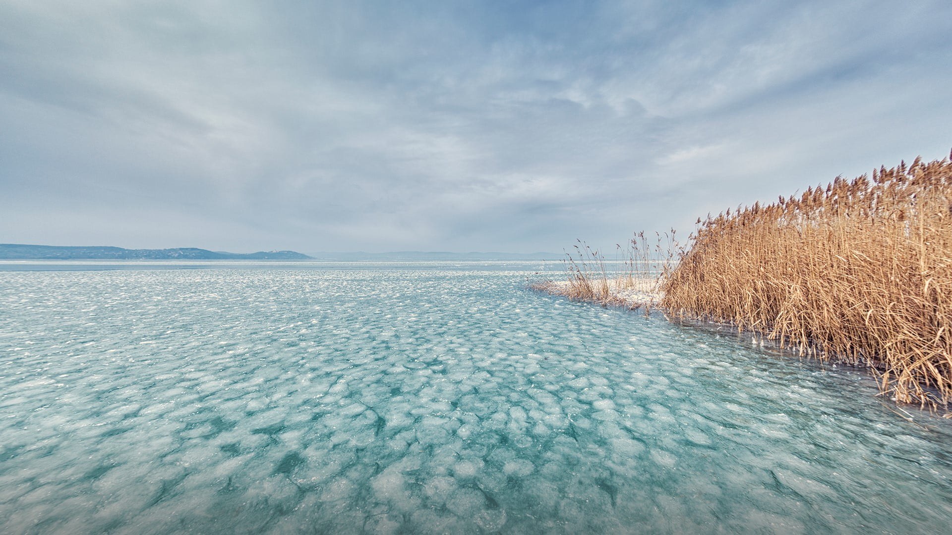 Lake Balaton, frozen lake, plants, mountains, nature, landscape, frozen river, Hungary, 1080P, clouds, HD Wallpaper