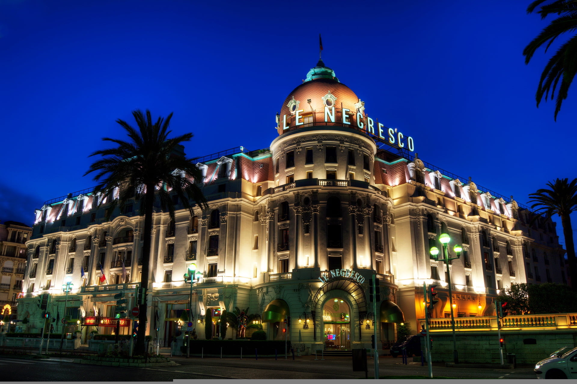 road., white, brown, the hotel, 1080P, France, clear sky, architecture, the evening, facade, sky, dusk, nature, built structure, government, nice, illuminated, HD Wallpaper