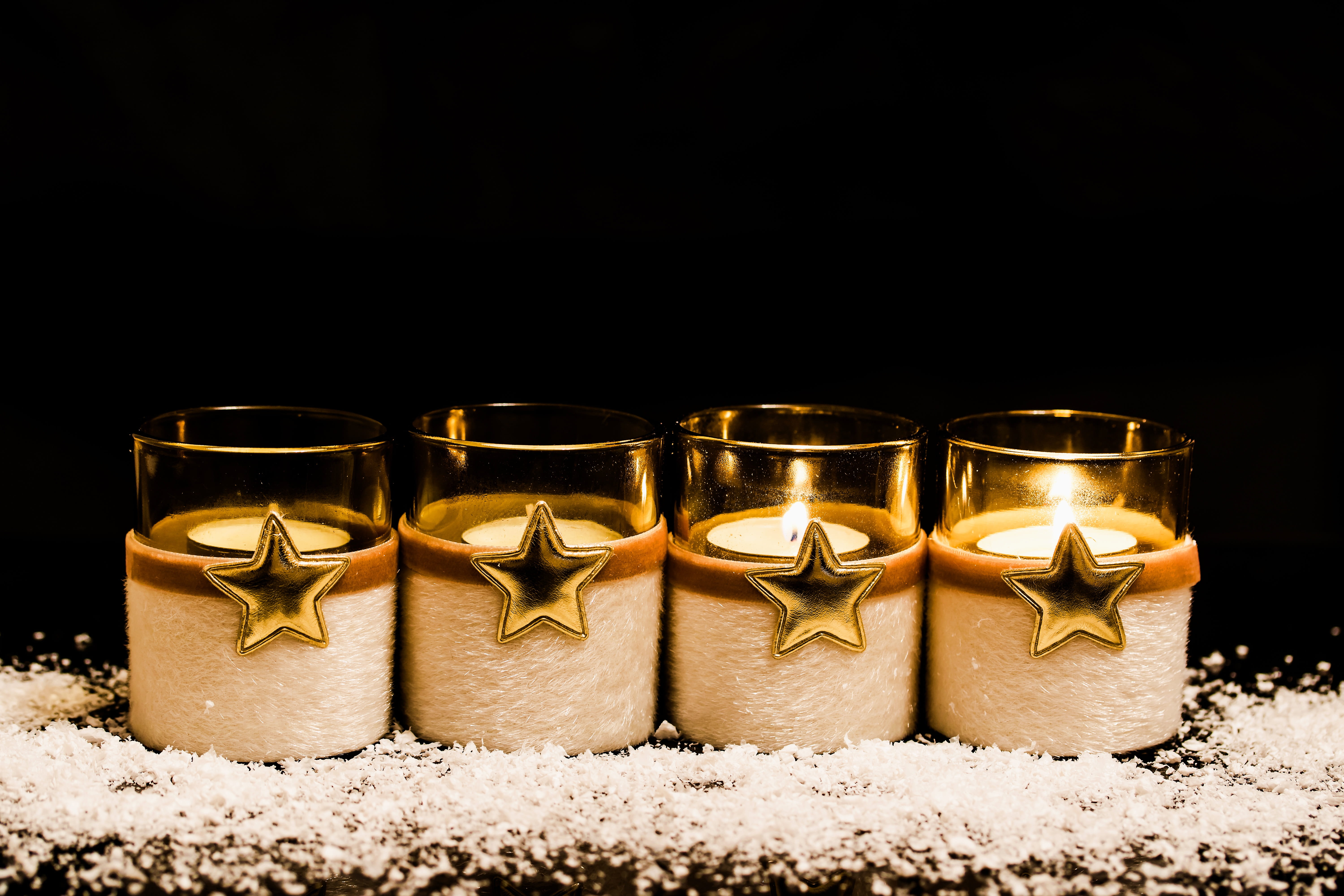 side by side, fire, star, christmas spirit, gold, glasses, group of objects, arrangement, burning, glass - material, order, decoration, second advent, still life, HD Wallpaper