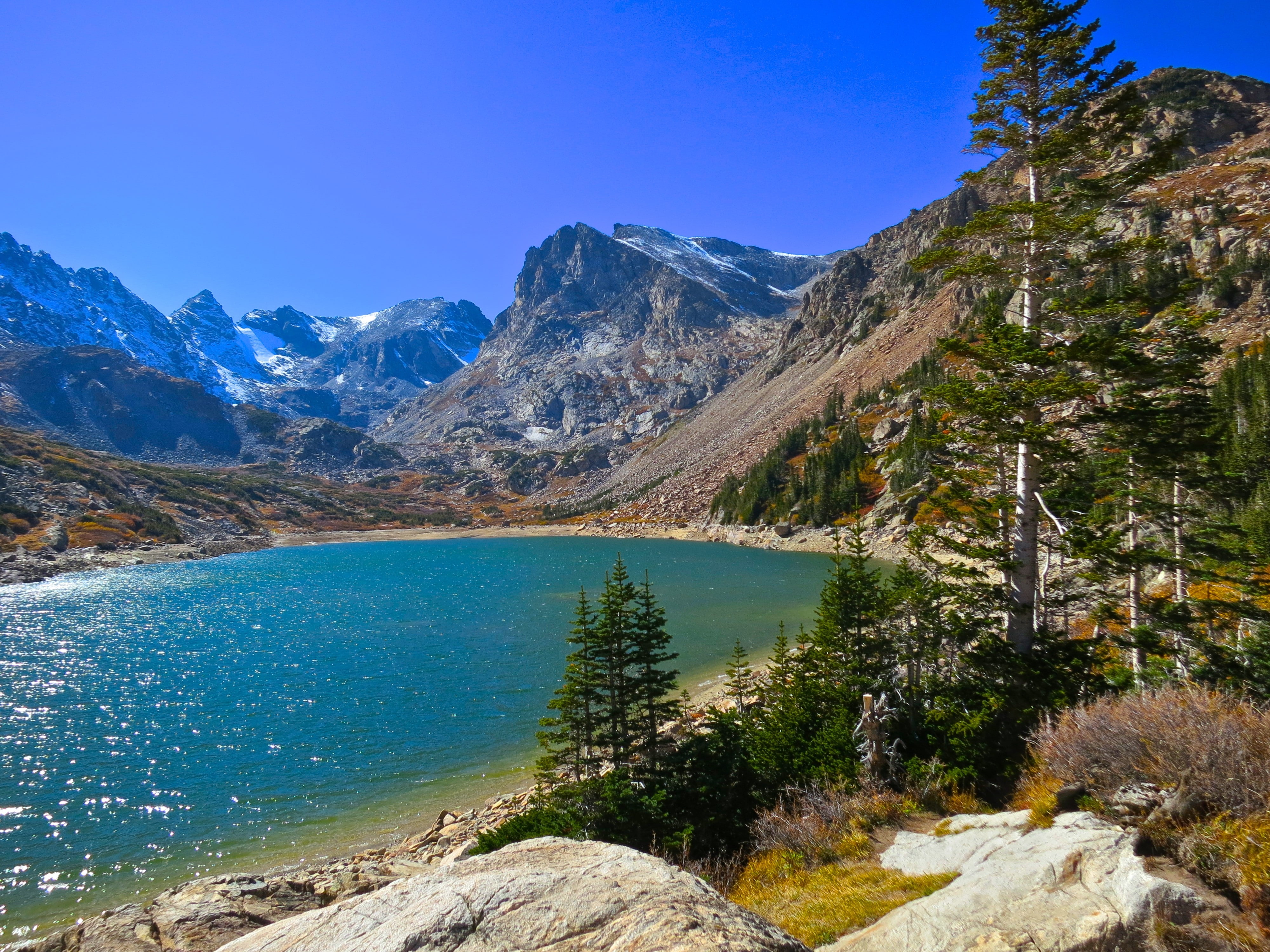 lake, mountains, trees, 4K, landscape, Colorado, nature, snowy peak, HD Wallpaper